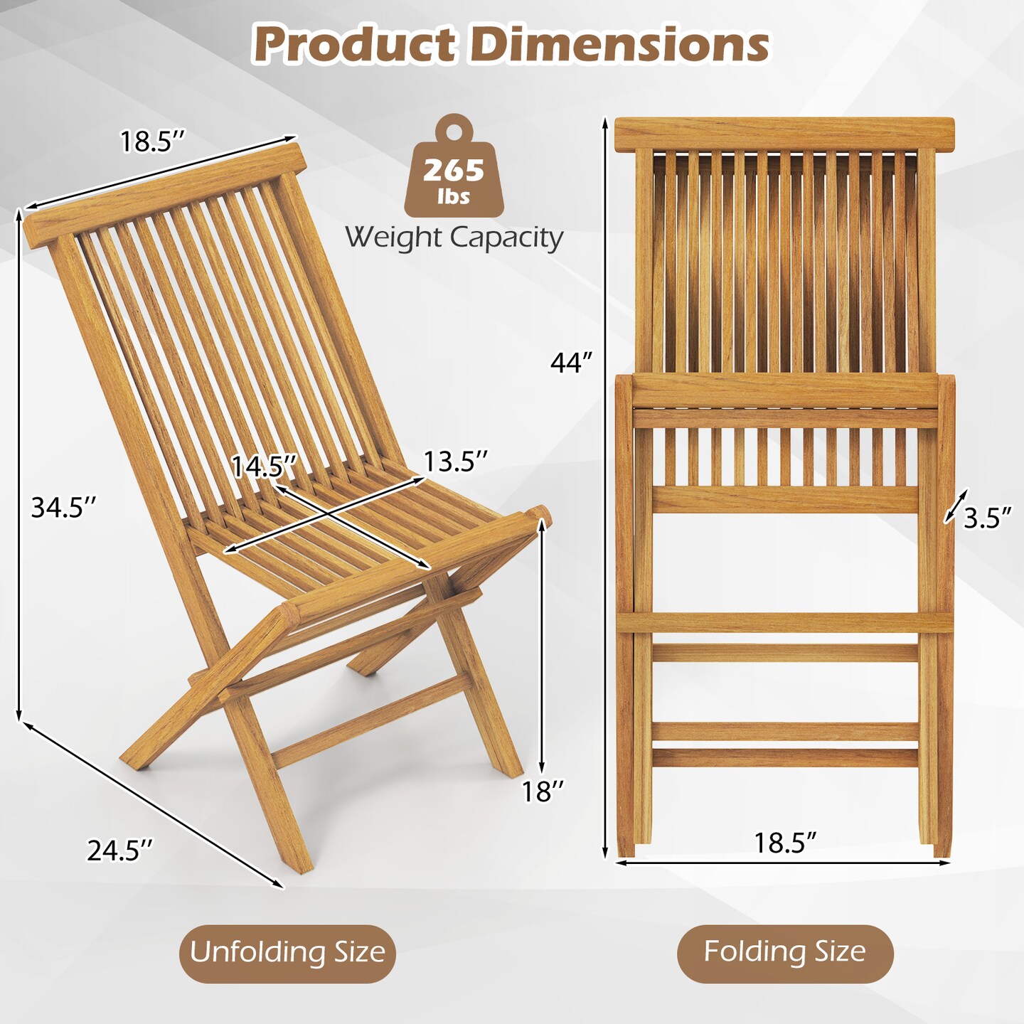Set of 2 Space-Saving Outdoor Folding Teak Wood Chair with Breathable Slatted Seat and High Back