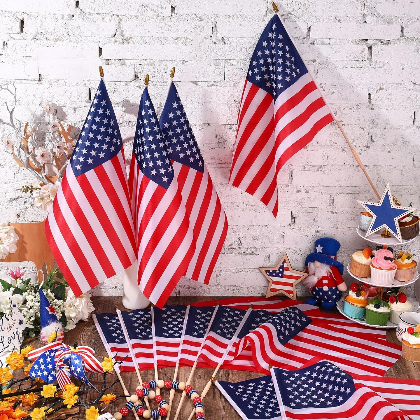 24 Pack 18 x 12 Inch American Flags on Stick, Handheld USA Flags with Spear Top, Ground Wood Flagpole Pluggable Hand Held Stick Flags for Memorial Day Parades Veteran Party Decorations