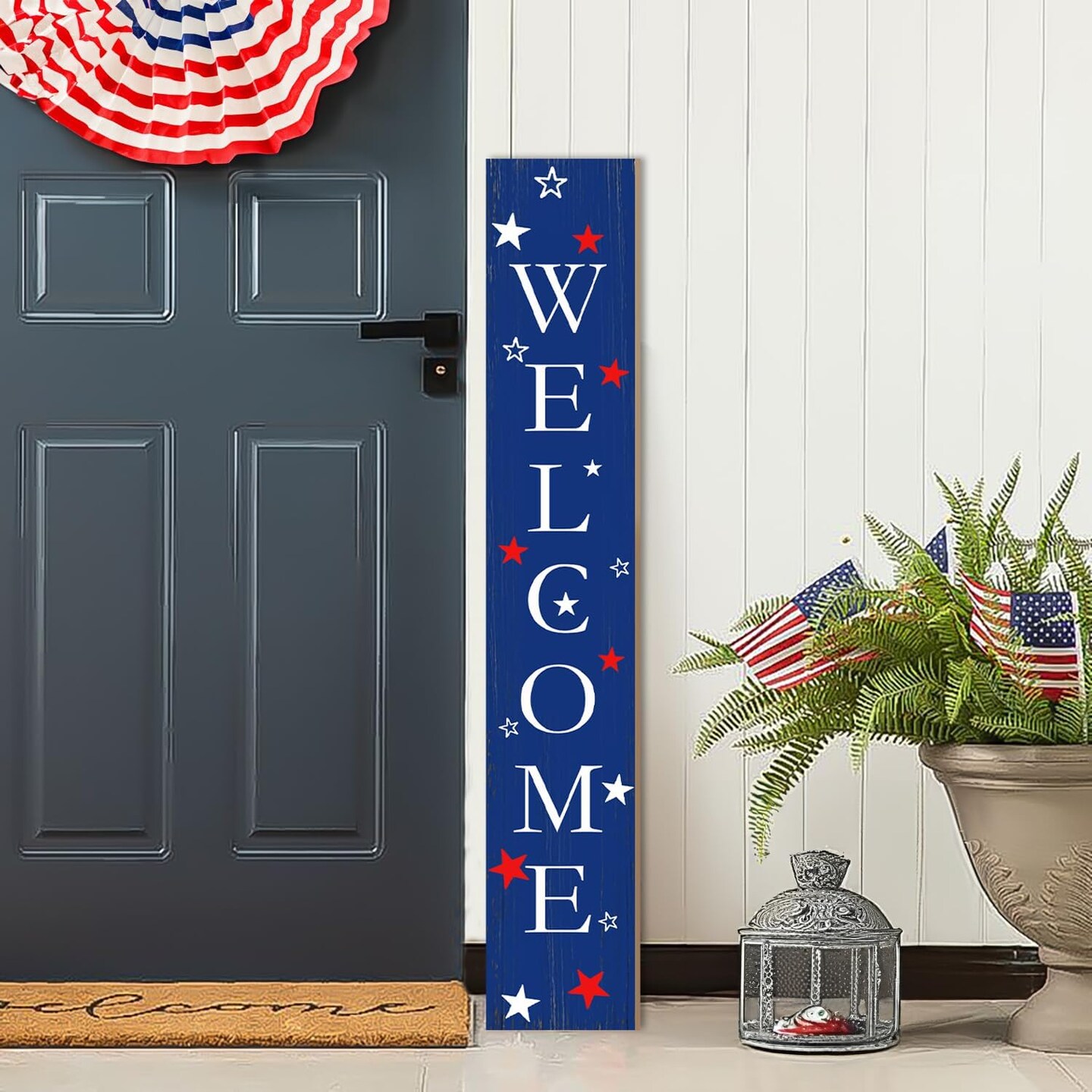 Memorial Day Decor Welcome Sign for Front Porch, American Flag Welcome Door Sign For Patio, 4th of July Vertical Yard Sign