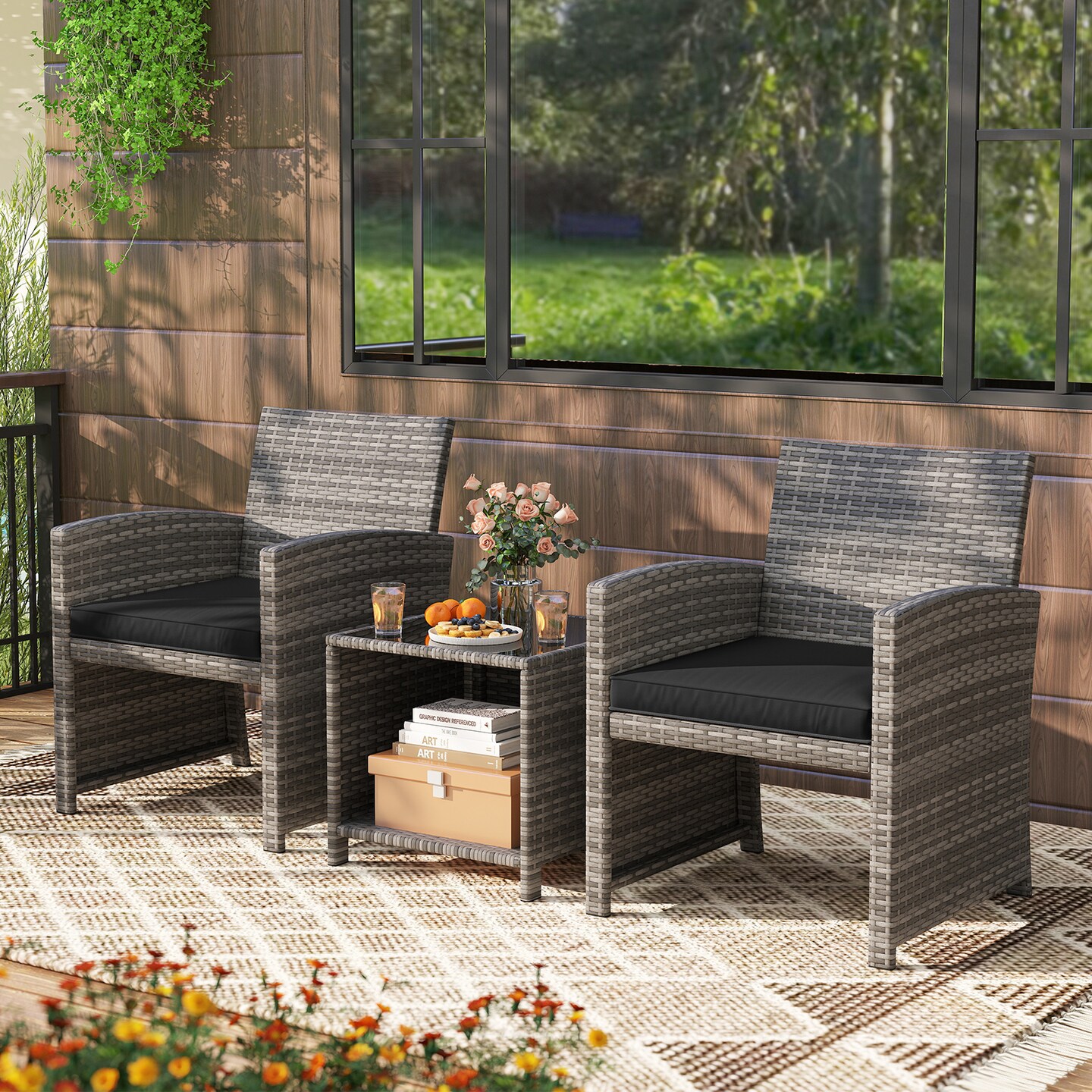 Patio Set 3 Pieces with Tempered Glass Coffee Table and Comfortable Cushions