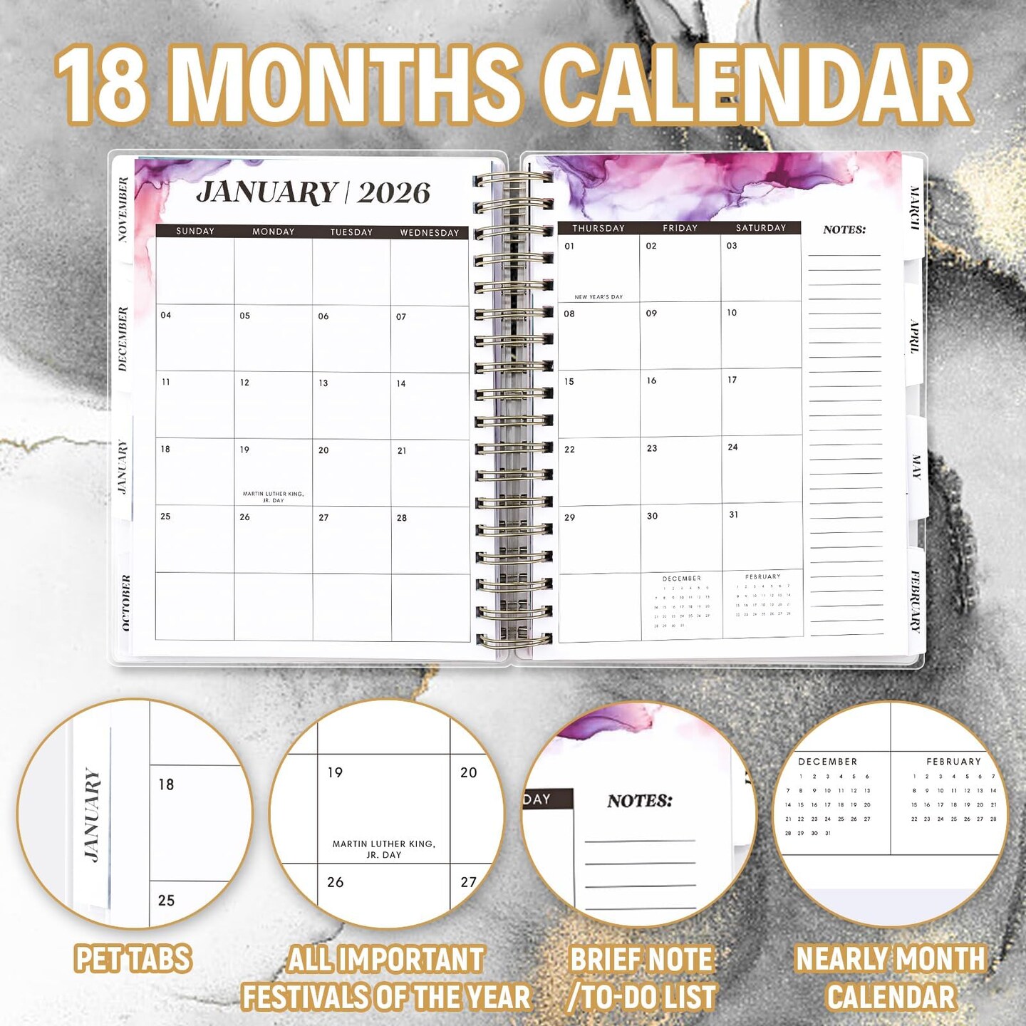 Planner 2025-2026, Large 18 Months Academic Daily Weekly Monthly Planner Yearly Agenda July. 2025&#x2013;Dec. 2026, 7.9&#x22; x 9.8&#x22;, Page Tabs, Separator Page, Pocket Folder, Bookmark, Stickers, Sticky Note Set