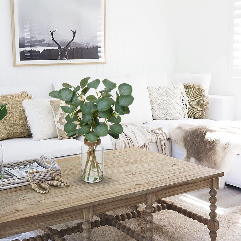 14" Artificial Eucalyptus Stems in Glass Vase with Faux Water (Clear)