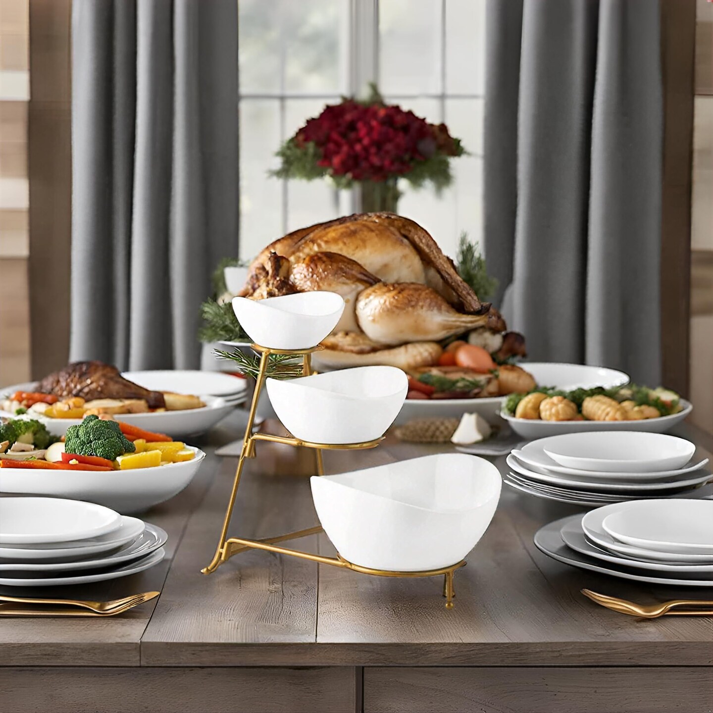3 Tiered Oval Serving Bowl With Collapsible Metal Rack, Chip and Dip Serving Set, Dessert Appetizer, Candy, Fruit, Vegetable Bowl Set, White Serving Bowls For Entertaining(Gold Stand)