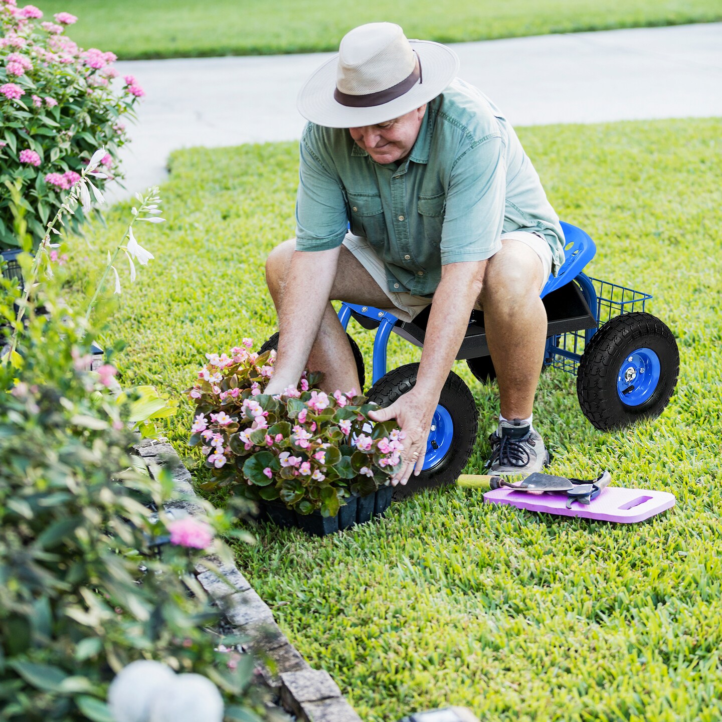 Blue Heavy Duty Rolling Garden Cart with Adjustable Swivel Seat and Pneumatic Wheels for Outdoor Use
