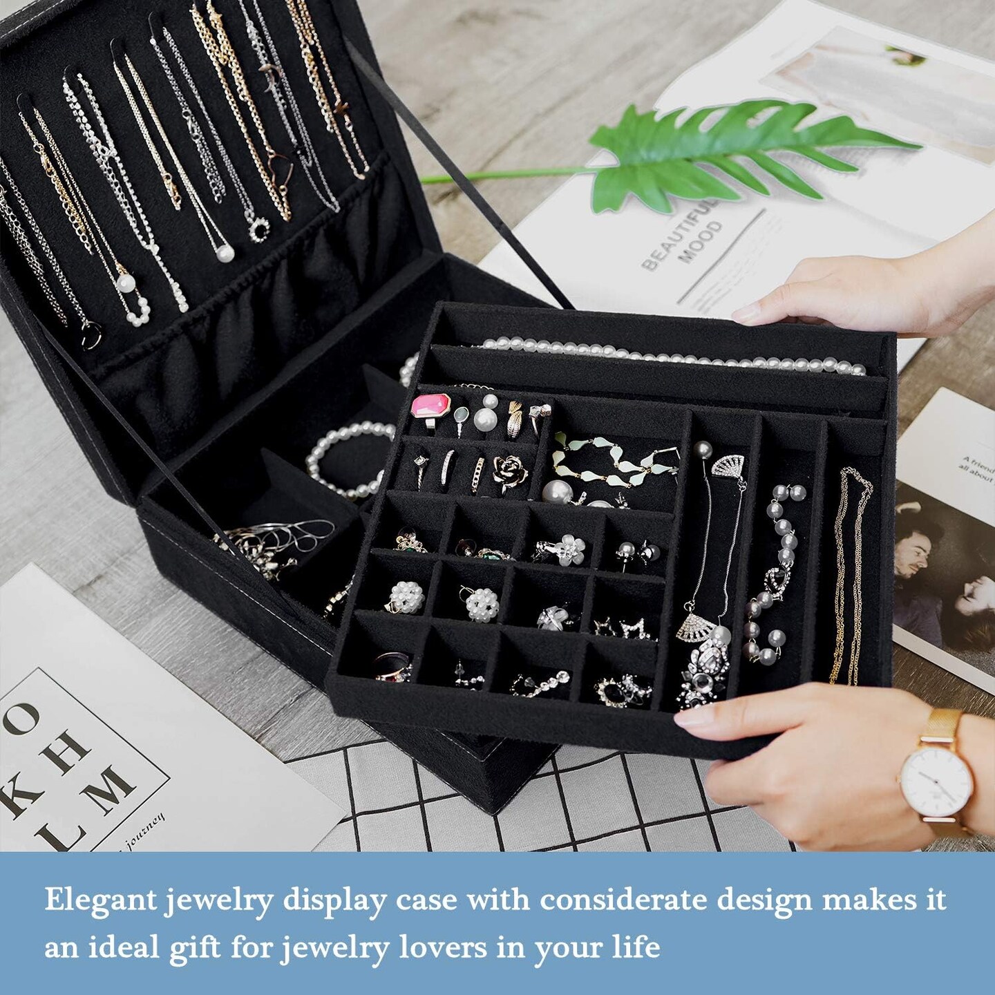 Velvet Jewelry Box Organizer for Women, 2 Layer Jewelry Display Storage Holder Case for Necklace Earrings Bracelets Rings -Black