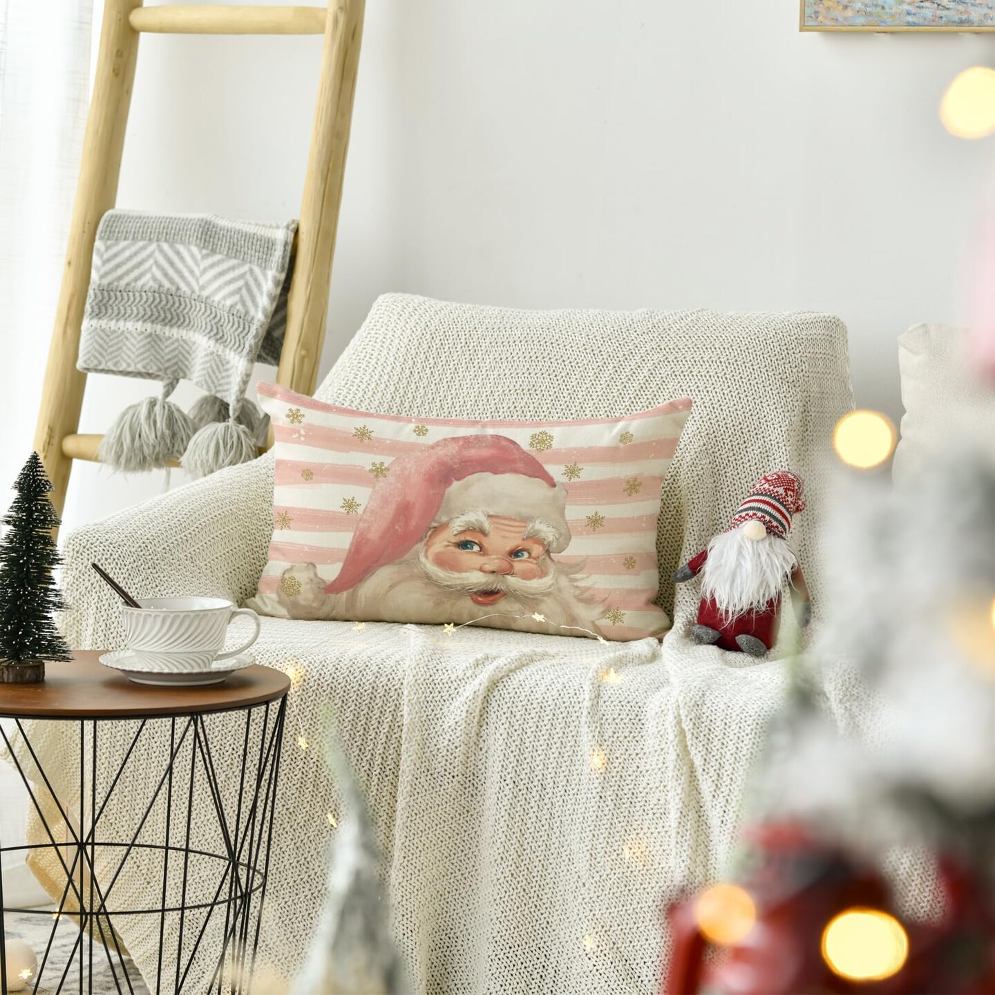 Pink Santa Claus Stripes Throw Pillow Cover, 12 x 20 Inch Pink Christmas Cushion Case Decoration for Sofa Couch