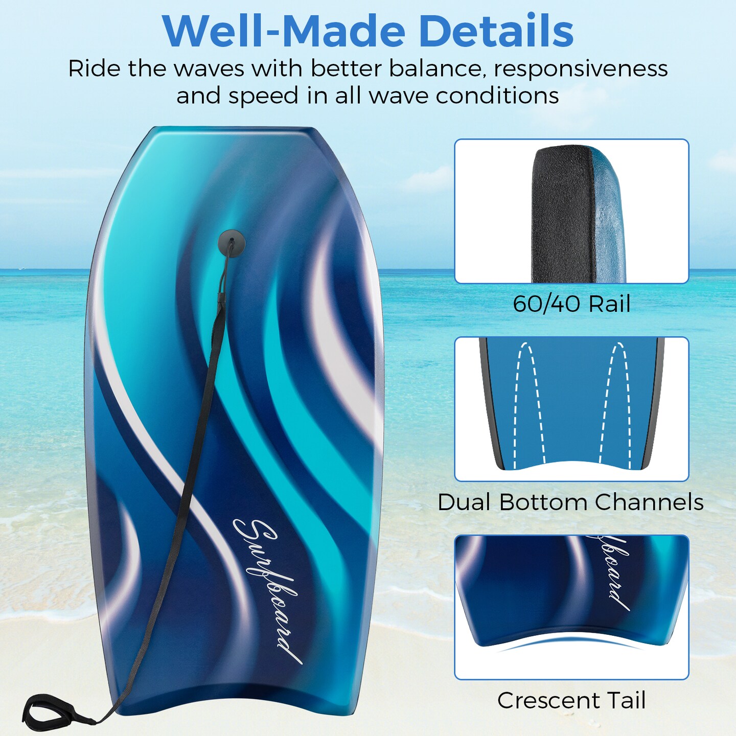 Lightweight Beach Boogie Board with EPS Core HDPE Bottom for All Ages