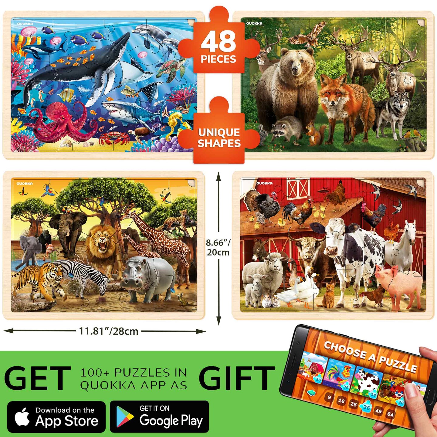 QUOKKA 4SET Puzzles for Kids Ages 4-6 - 48 Pcs Wooden Toddler Realistic Montessori Puzzles Ages 3-5 - Wild Animals Africa Ocean Farm Learning Games for Boys and Girls 4-8 Year Olds