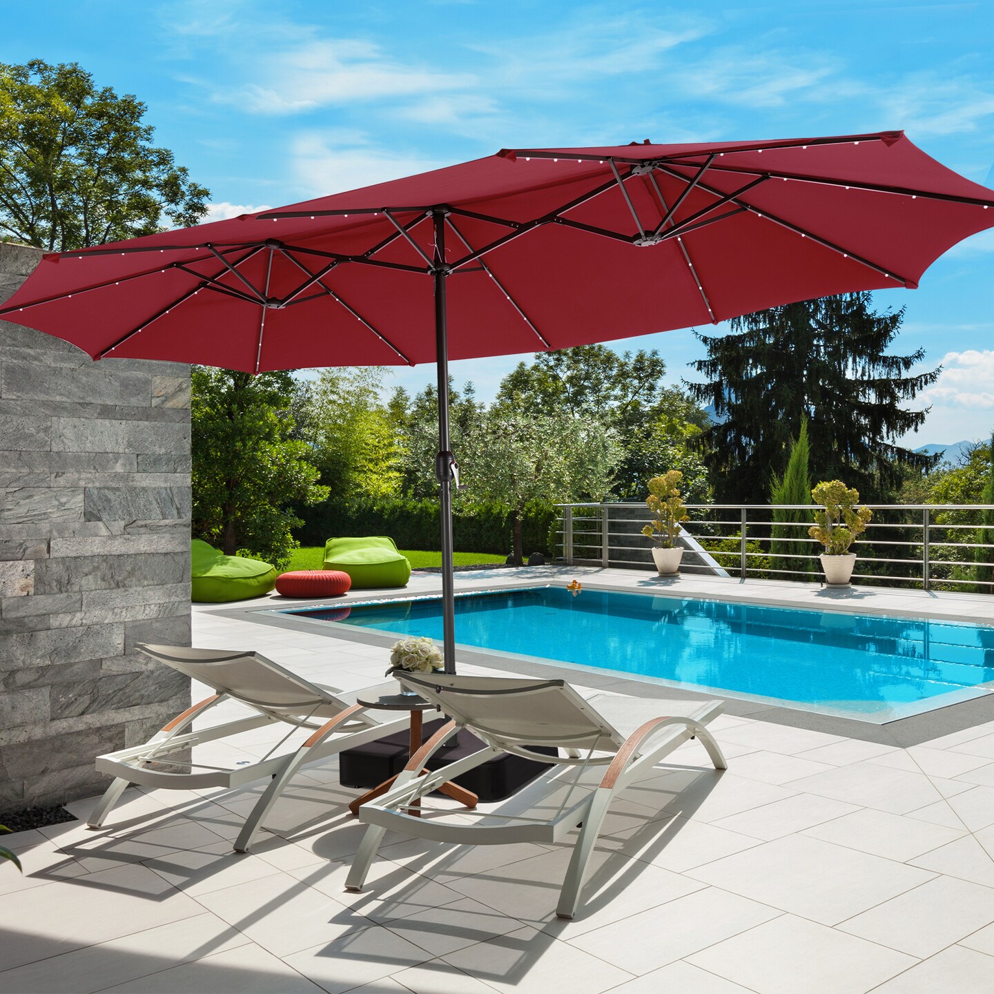 dark red patio umbrella 6.5' Square Pulley Premier combined with easy tilt and 360° rotation Tilt Patio Umbrella | Auto-Tilt,