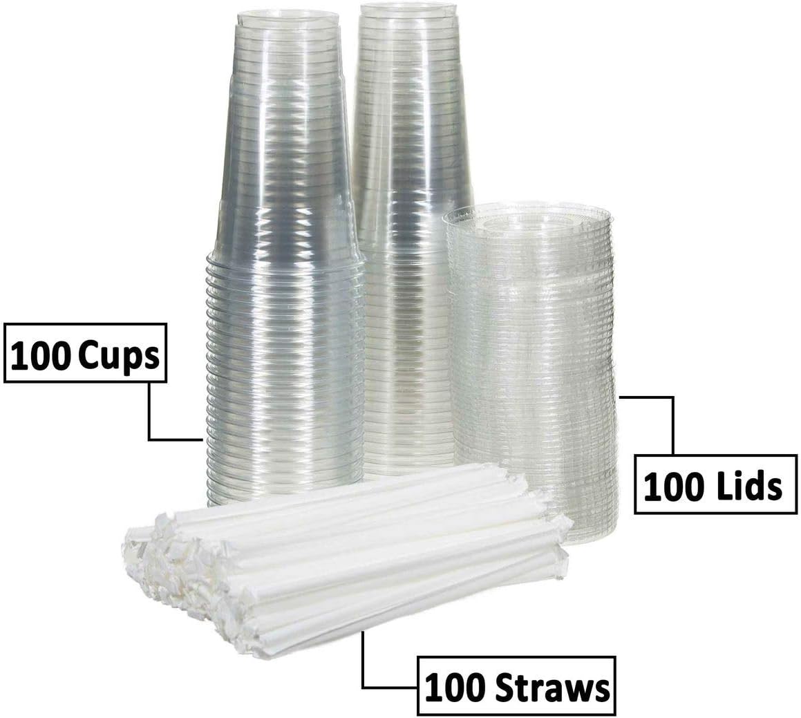 100 Sets (20oz) Disposable Crystal Clear Plastic Cups with Flat Lids and Straws