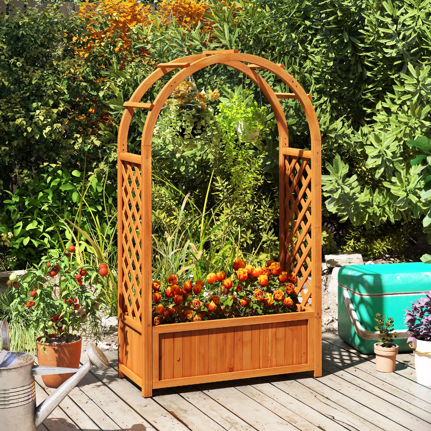 Reddish Brown Wooden Raised Garden Bed with Trellis and Arch Outdoor Planter Box with Liner