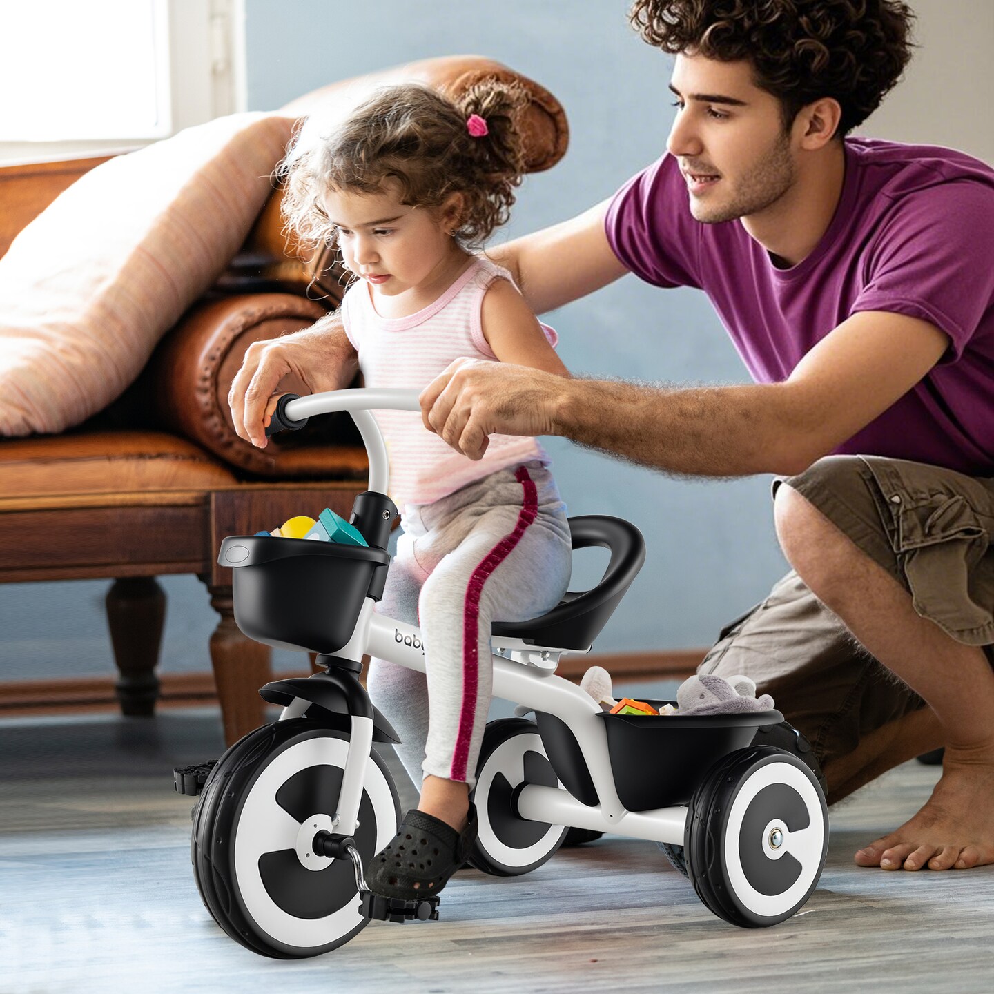Kids Tricycle with Adjustable Seat and Storage Baskets Perfect for Indoor or Outdoor Use