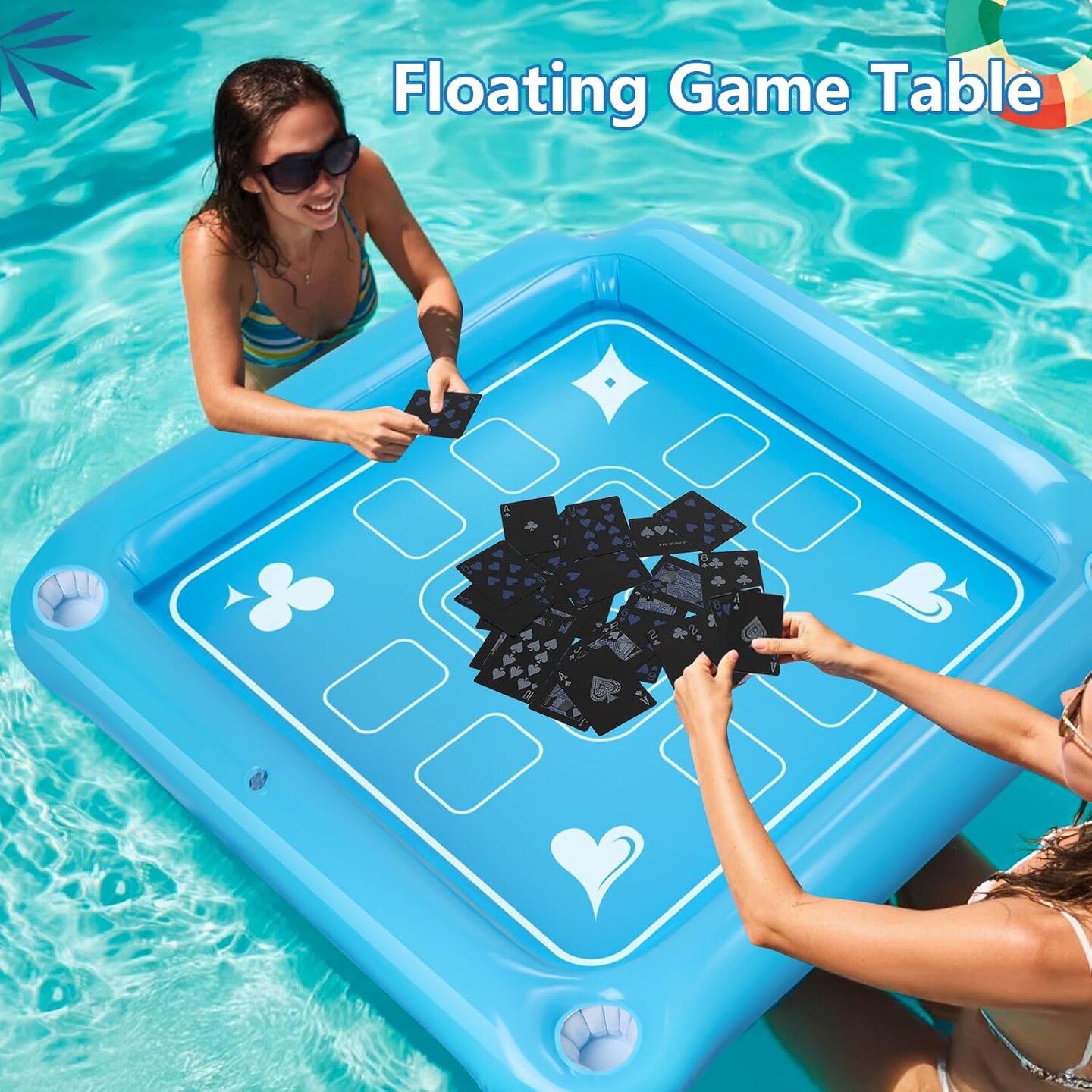 Floating Game Table for Pool - 40&#x22;x40&#x22; Inflatable Floating Table for Pool with Waterproof Playing Cards, Large Pool Float Drinking Table, Pool Float Drinks Tub Tray for Outdoor Summer Beach Party