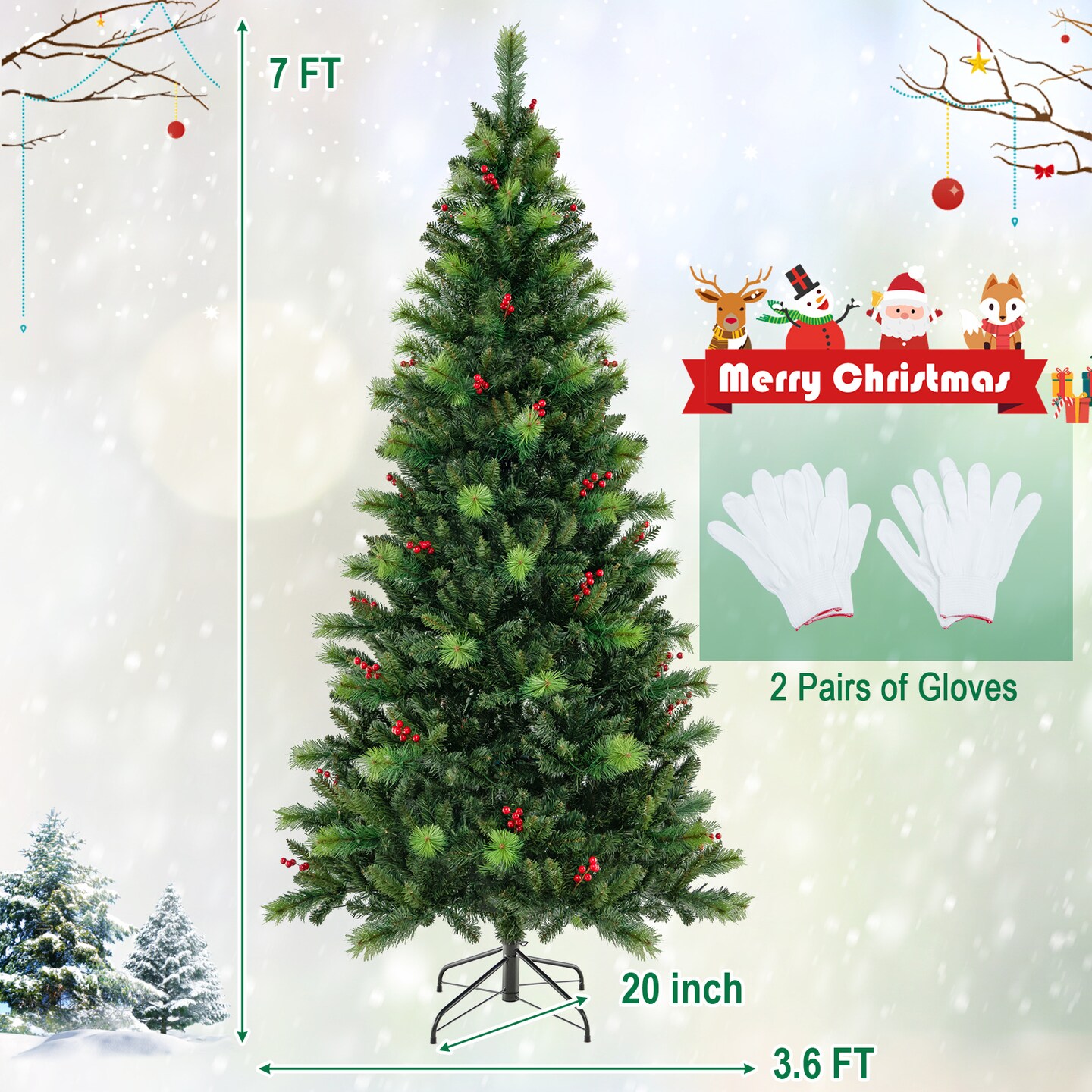 Green Pre-Lit Artificial Christmas Tree with LED Lights, Red Berries and Hinged Branches