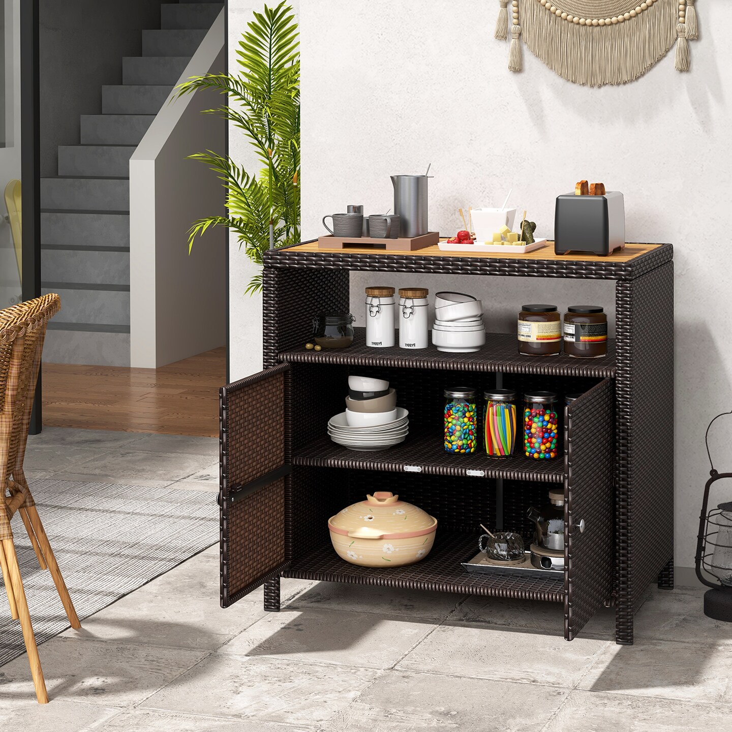 Outdoor Rattan Storage Cabinet with Acacia Wood Top 2-Door Patio Sideboard with Shelf and Rack