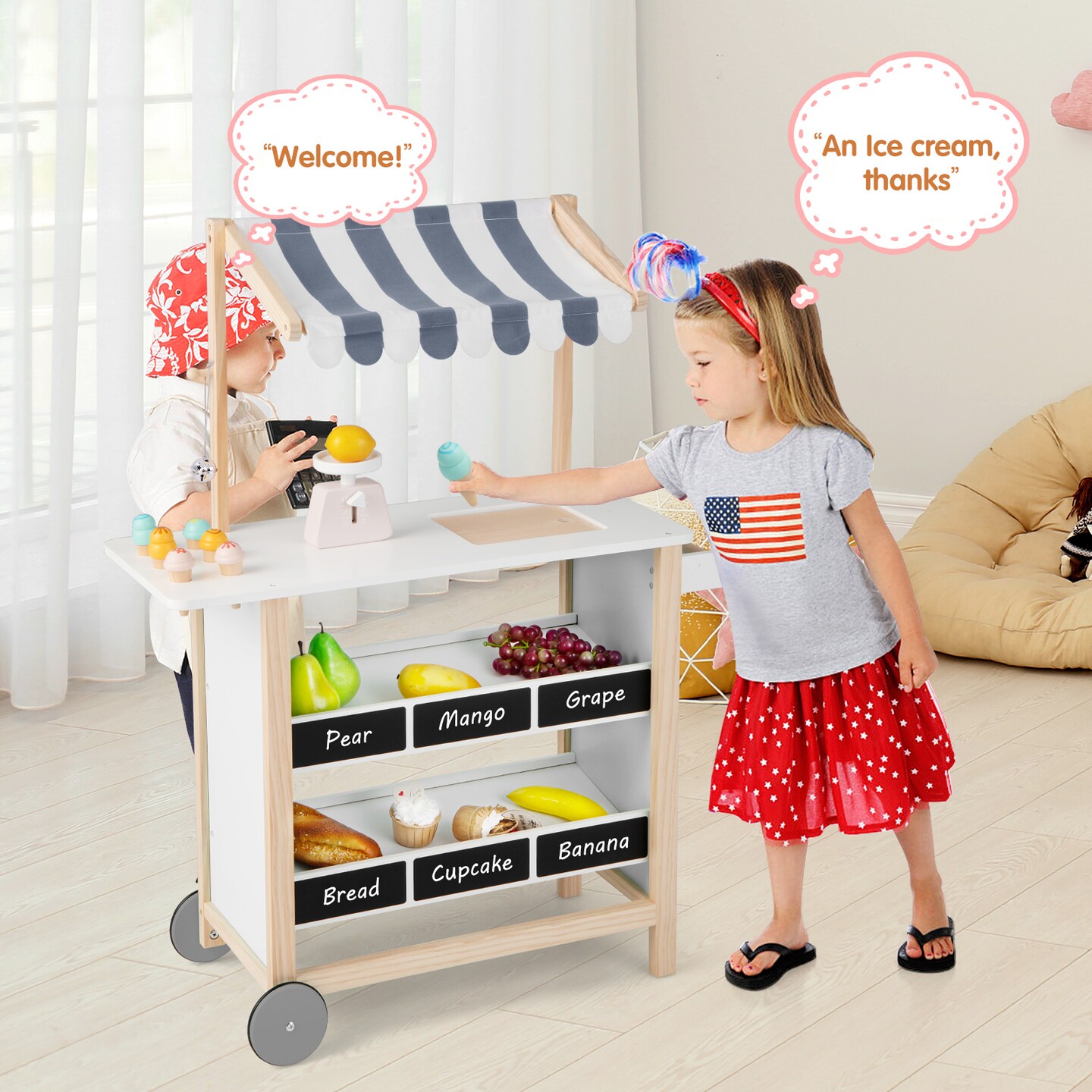 Wooden Ice Cream Cart for Children with Chalkboard Storage and Toy Pieces