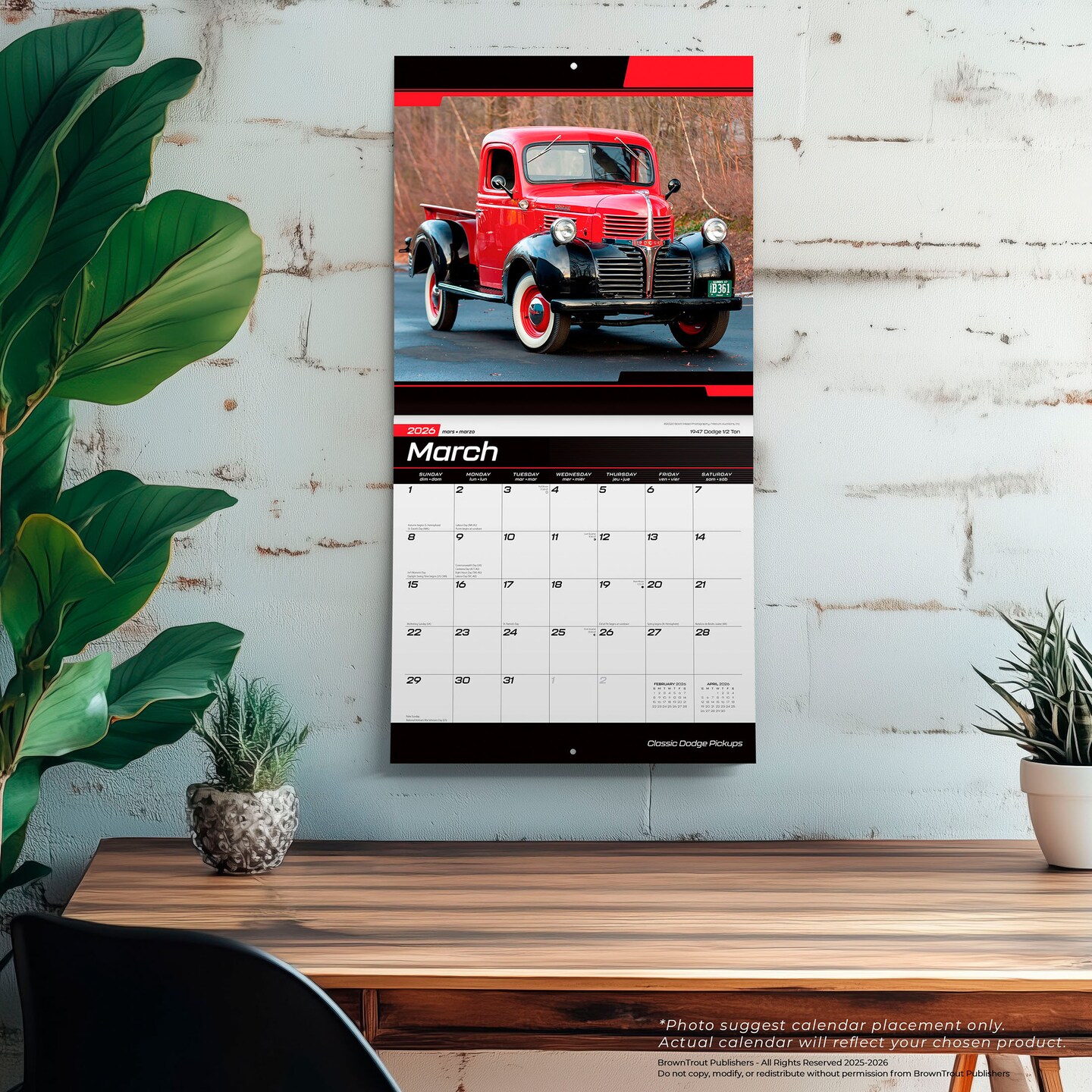 Classic Dodge Pickups OFFICIAL | 2026 12 x 24 Inch (Hanging) Monthly Square Wall Calendar | Foil Stamped Cover | Plastic-Free | BrownTrout | Truck Motor