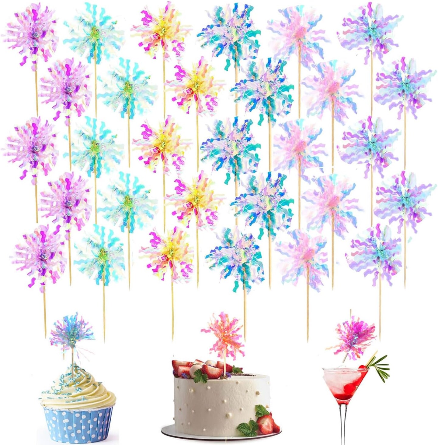 30Pcs Cupcake Toppers, Cake Decorating Kits, Sparkle Tinsel Firework Cake Toppers, Toothpicks Toppers For Baby Shower Diy Birthday Party Wedding Valentine&#x27;s Day (30pc-Mixed)