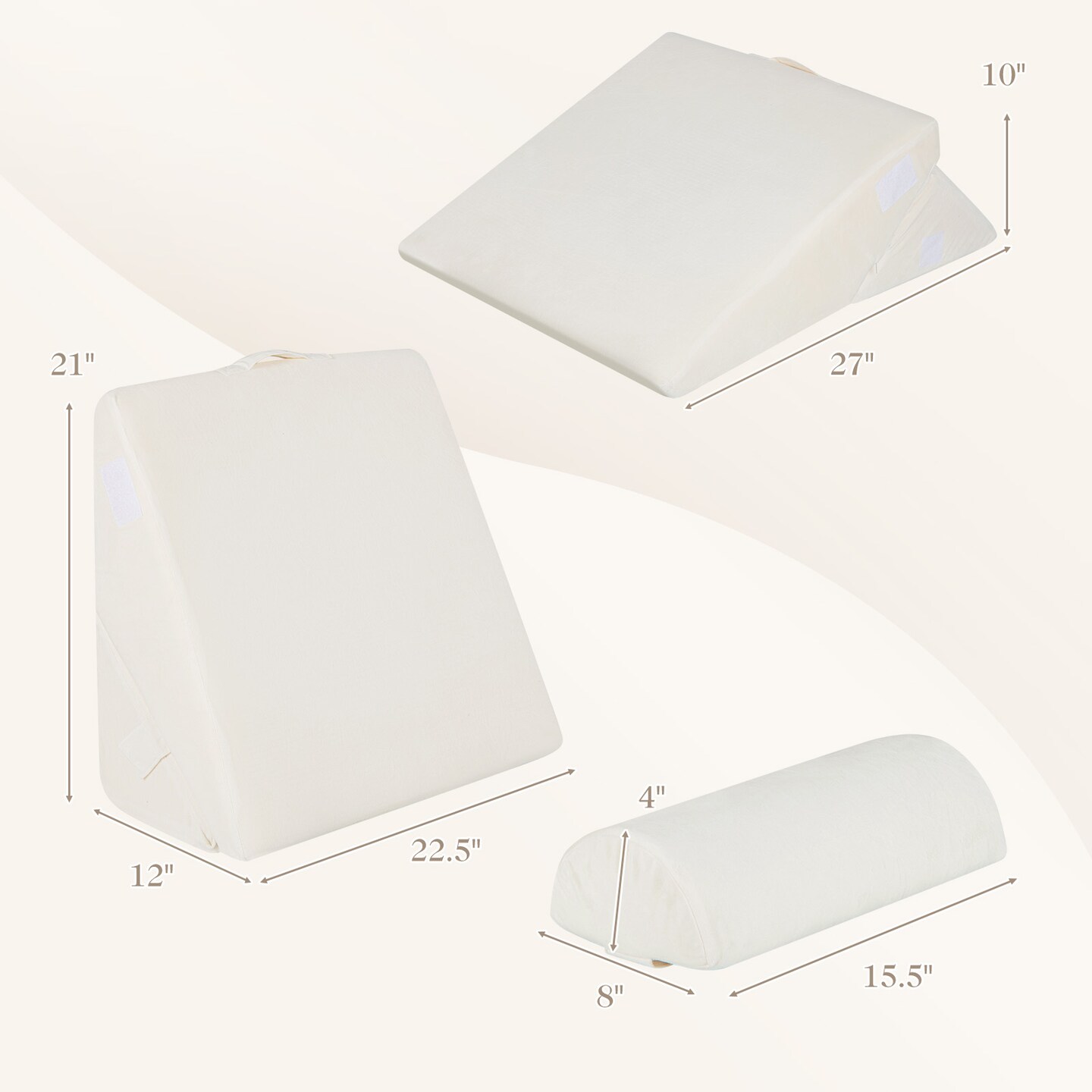 3 Pieces Off-White Adjustable Triangle Wedge Pillows for Bed and Sofa with Washable Plush Cover and Headrest