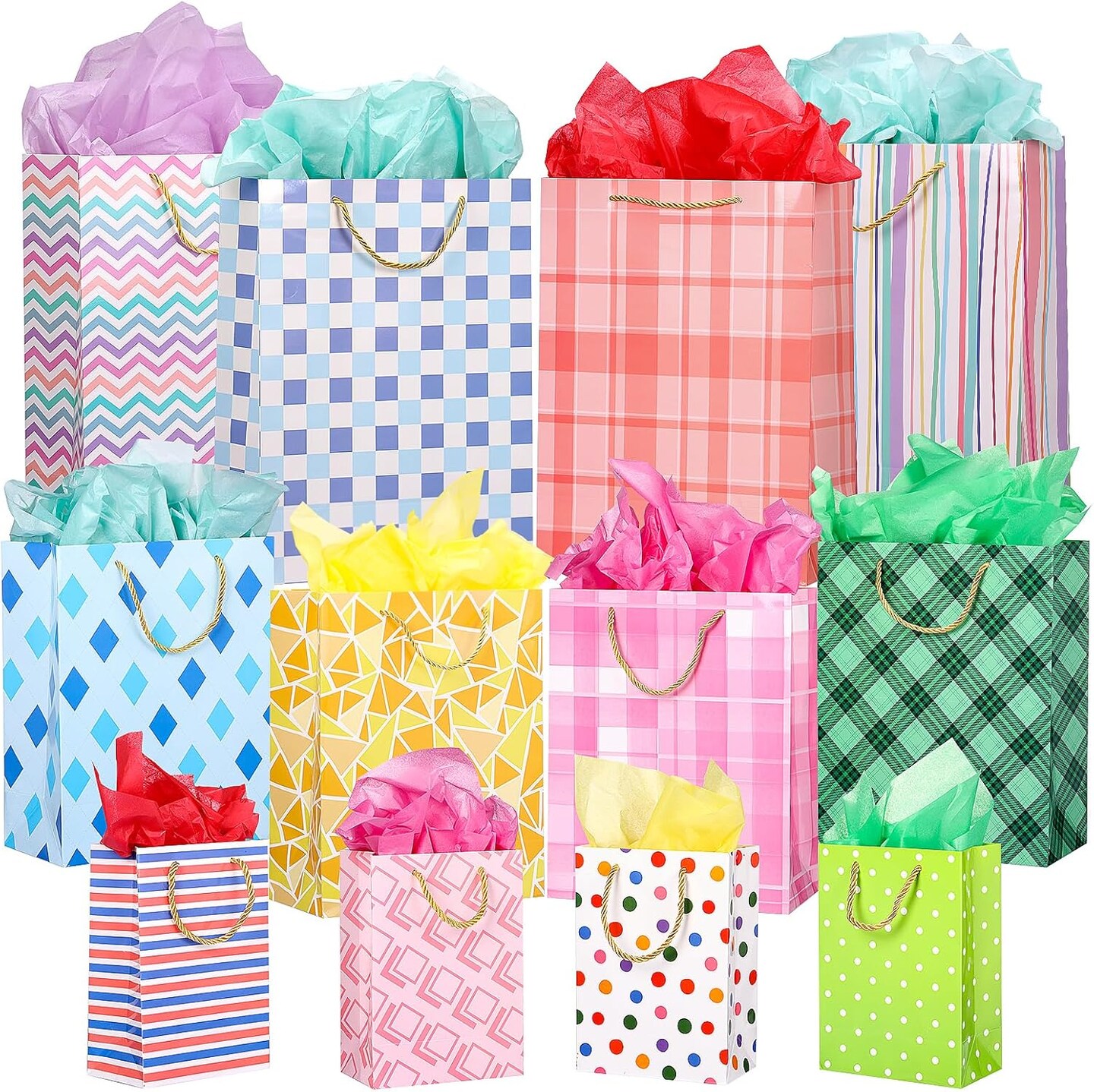 12pcs Paper Gift Bags Assorted Sizes with Tissue, Birthday Gift Bags 3 Sizes (4 Medium/4 Large/4 Extra Large) - For Birthday, Baby Showers, Party & Wedding