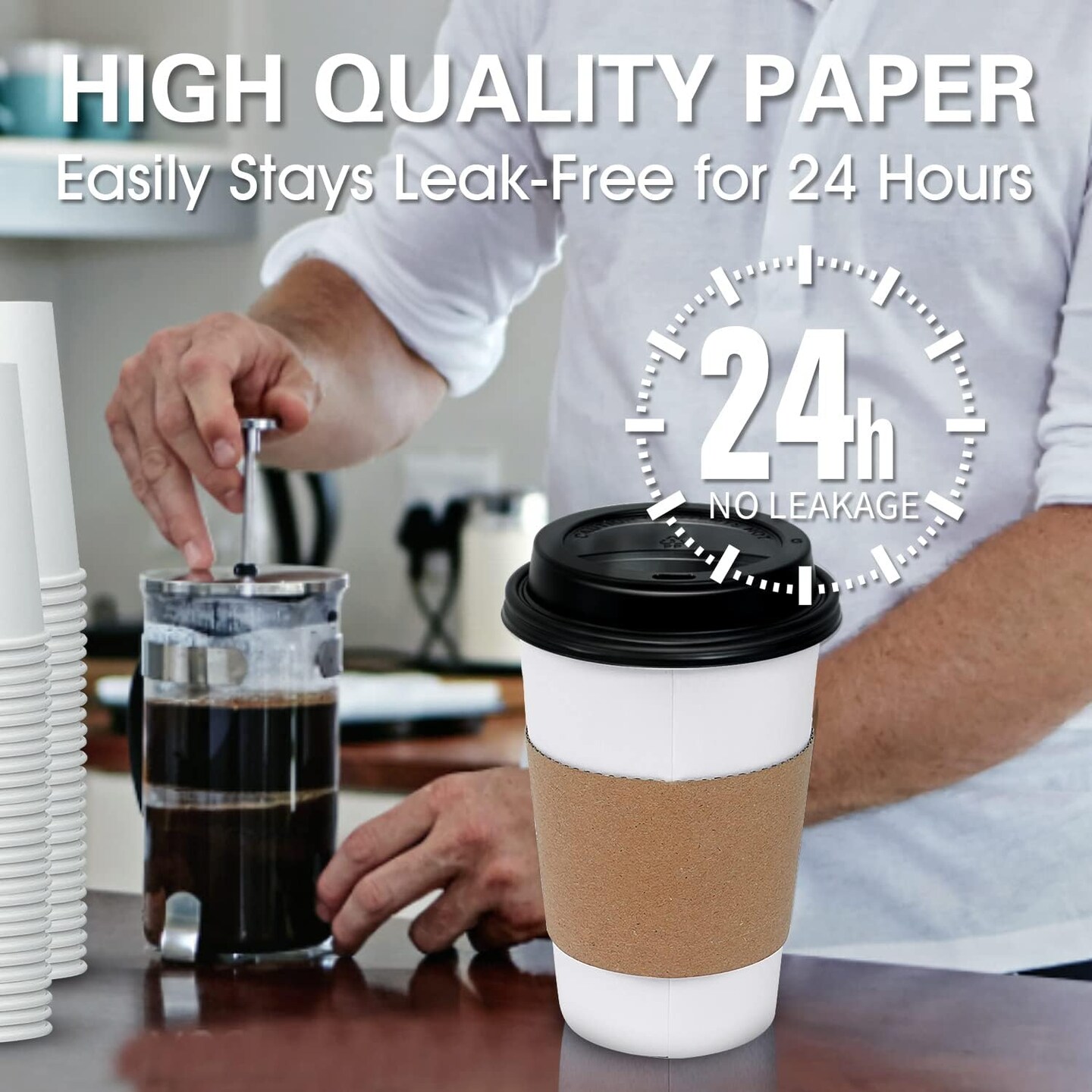 [100 Pack 16 oz Disposable Coffee Cups with Lids and Sleeves - To Go Coffee Cups for Hot Drinks, Chocolate, Cocoa and Coffee Bar