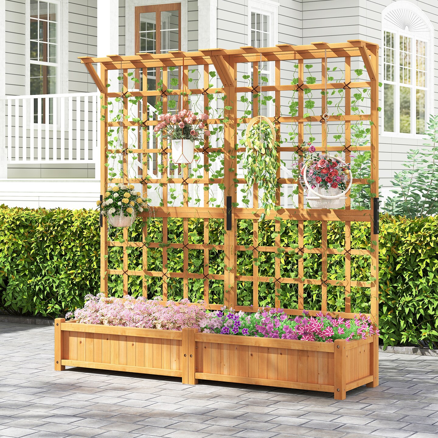 3-in-1 Raised Garden Bed with Fir Wood Frame Trellis Support and Efficient Drainage System