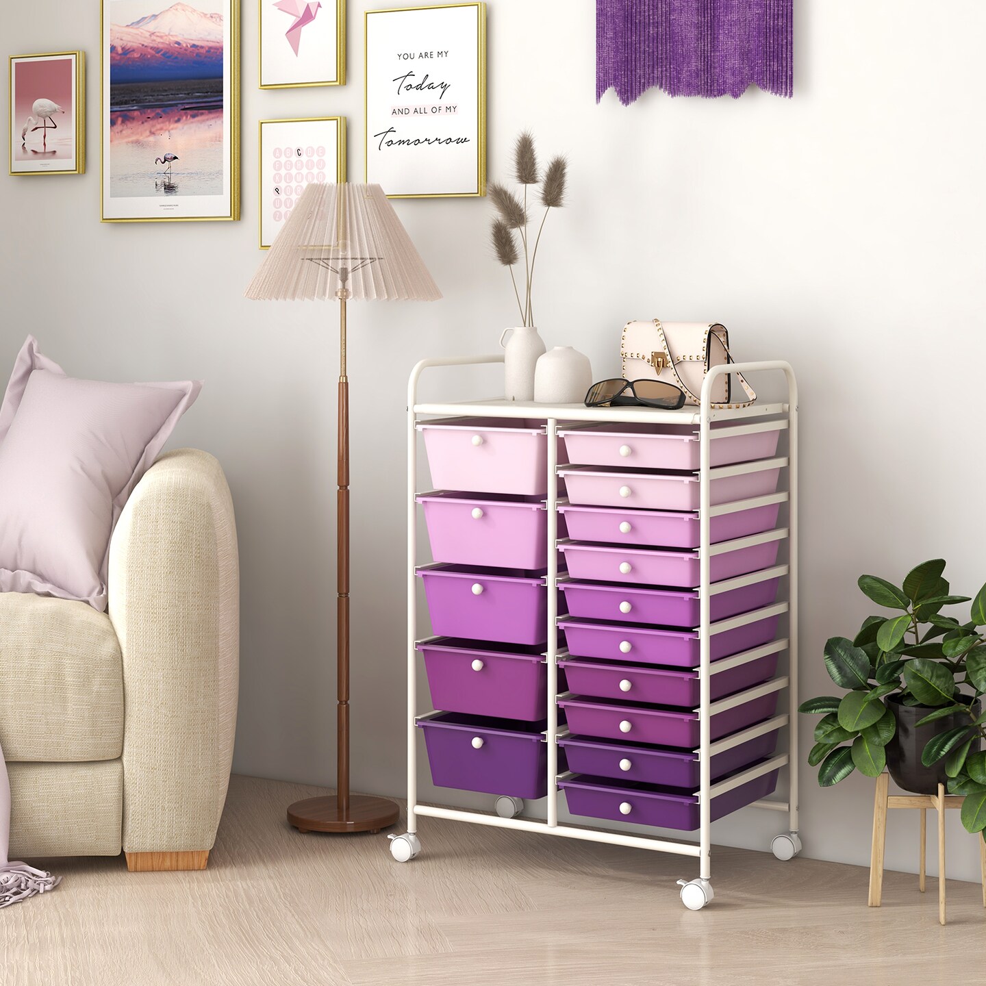White Steel Frame Rolling Storage Cart with Purple Drawers and 15 Compartments