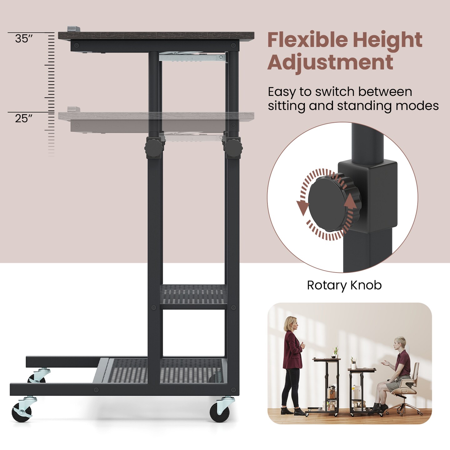 Adjustable Standing Desk with Tilt Top Rolling Laptop Table and Shelves for Home Office Use