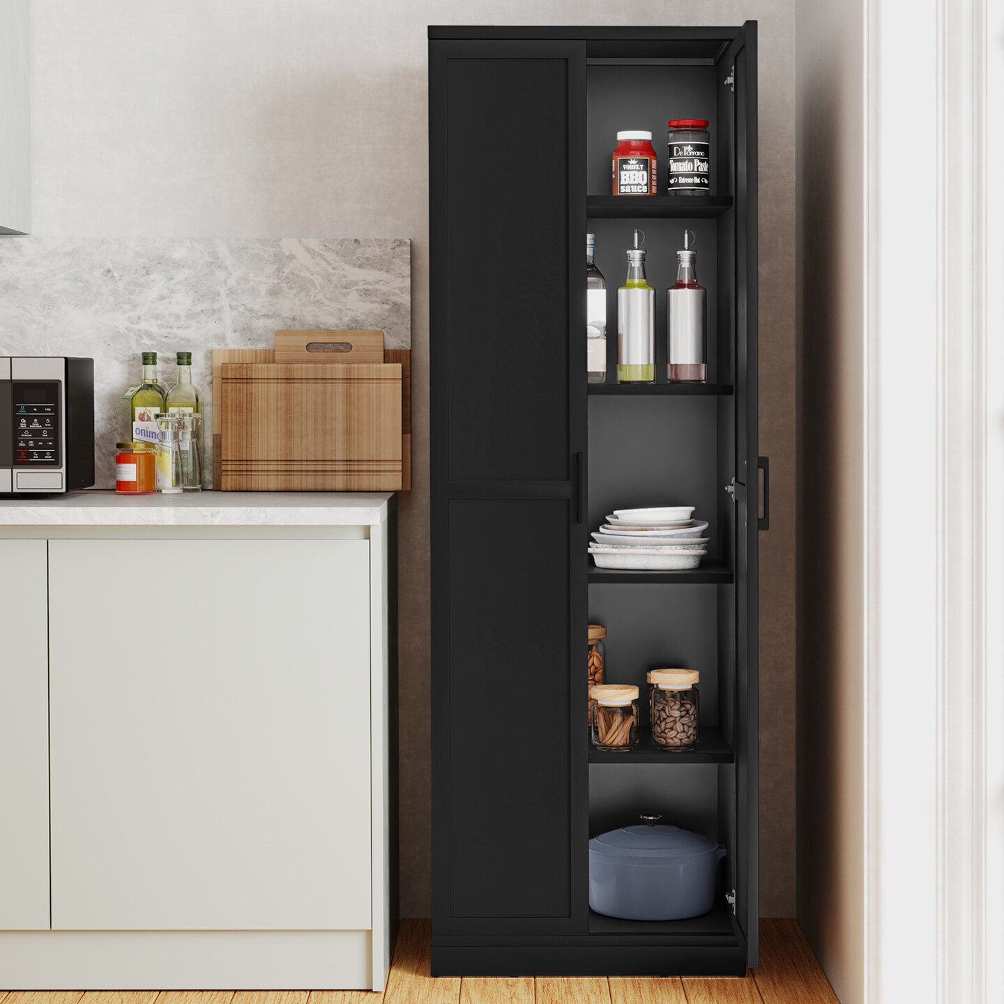 Black 5-Tier Multi-Purpose Storage Cabinet with Adjustable Shelves and Smooth Doors for Home Organization