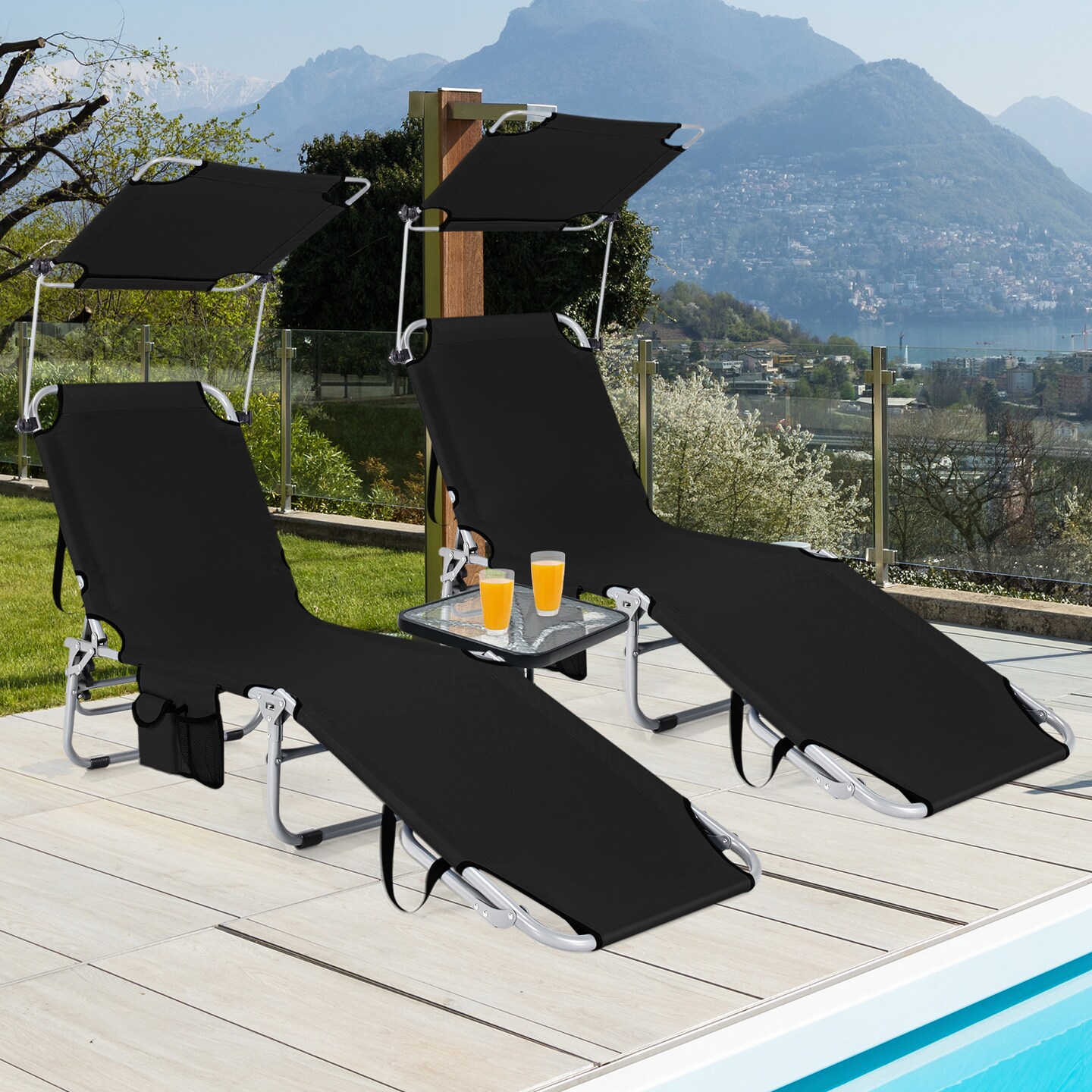 Set of 2 Portable Reclining Chair Set with Canopy and Storage Pocket