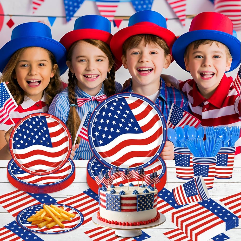 140Pcs 4th of July Party Supplies Tableware Set Independence Day Plates and Napkins for American Memorial Day Decorations Stars and Stripes Patriotic Decorations Paper Plates, Serves 20