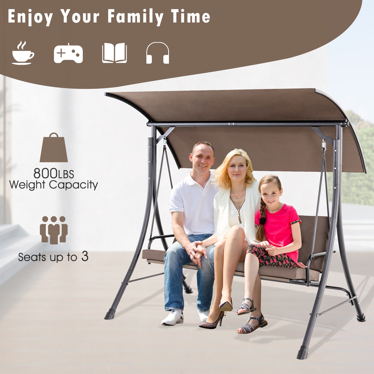 Brown Polyester Steel Porch Swing with Adjustable Canopy and Cushions