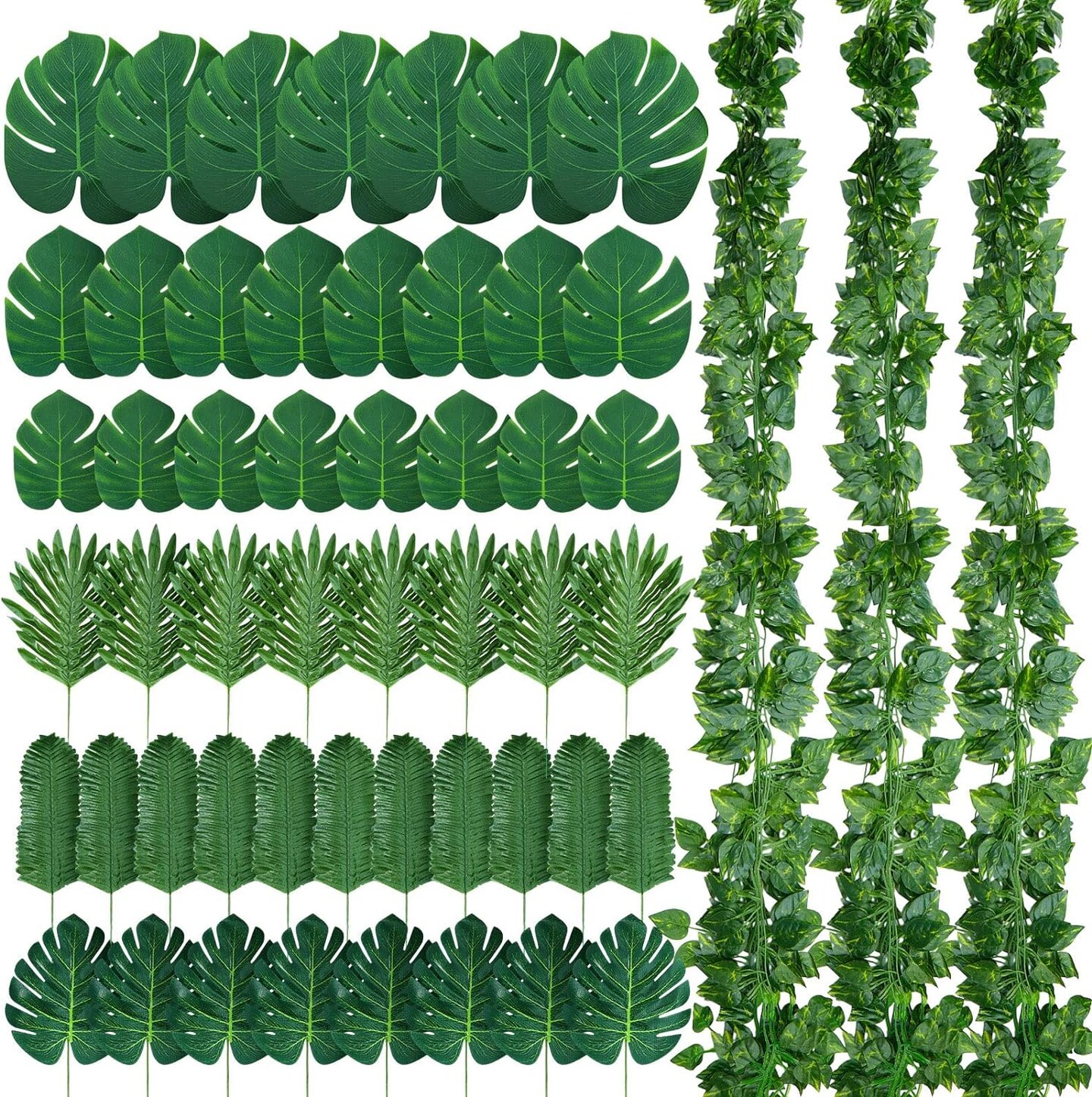 24 Strands 165 ft Artificial Vines with Leaves Tropical Leaf Garland and 60 Pcs Fake Monstera Palm Leaves Decor Faux Ivy Vines for Jungle Safari Plant Party Decoration