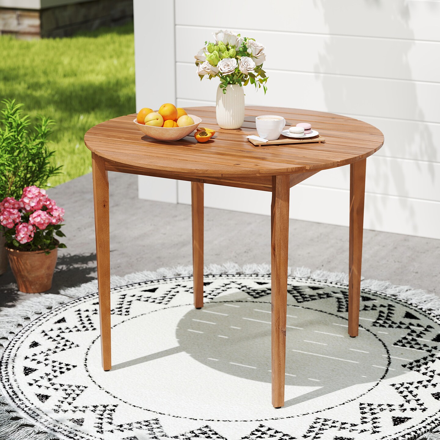 36" Round Acacia Wood Patio Dining Table with Triangular Support Perfect for Seats 4 Comfortably