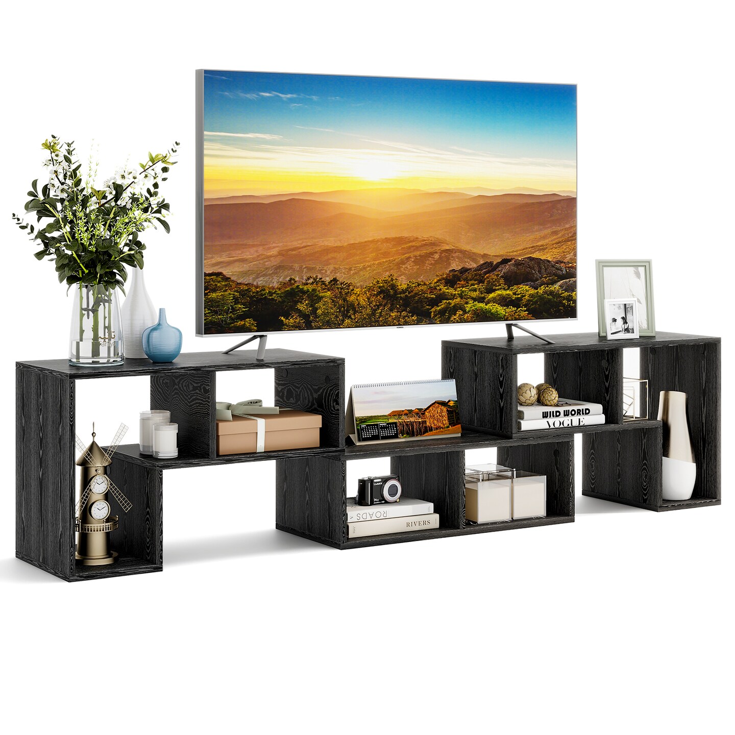 3 Pieces Black Engineered Wood TV Stand with Adjustable Shelves Open Storage for Living Room or Bedroom