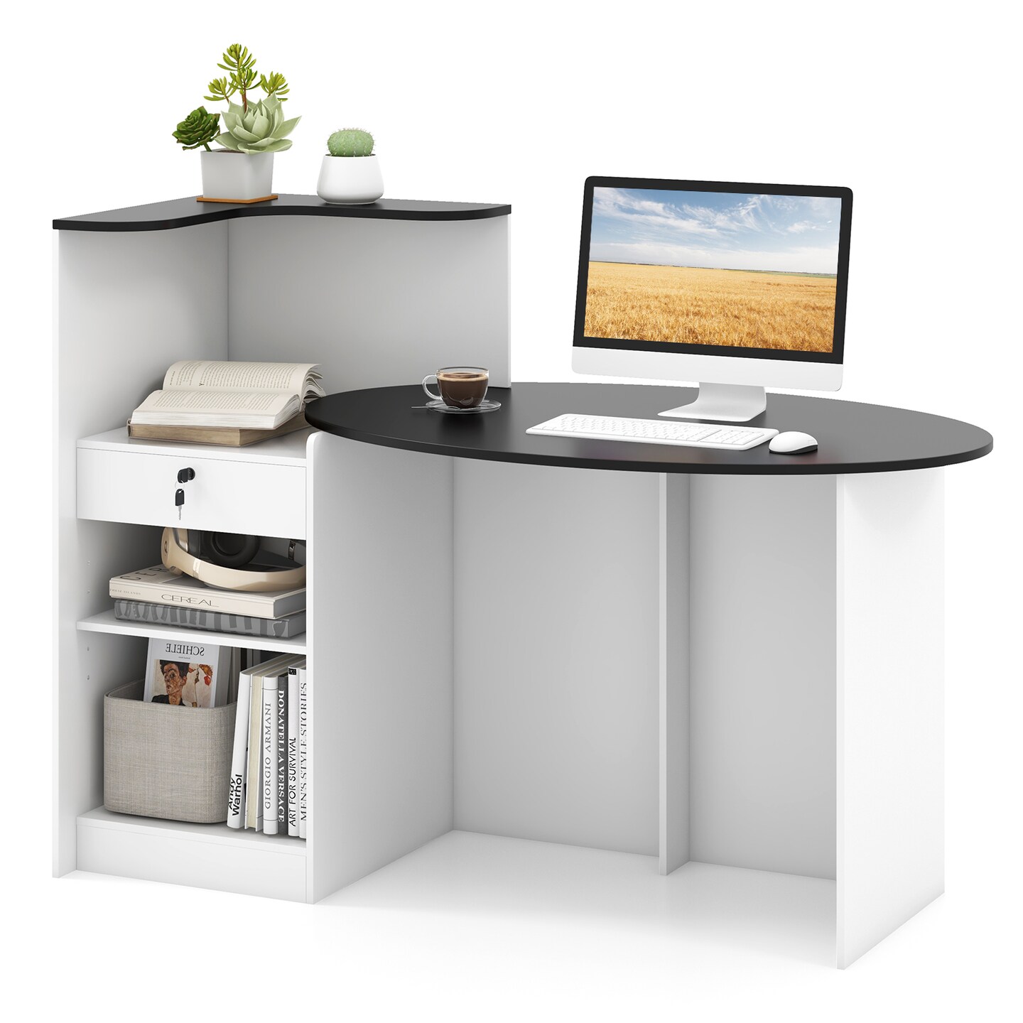 Reception Desk with Oval Table and Adjustable Shelf for Office Use