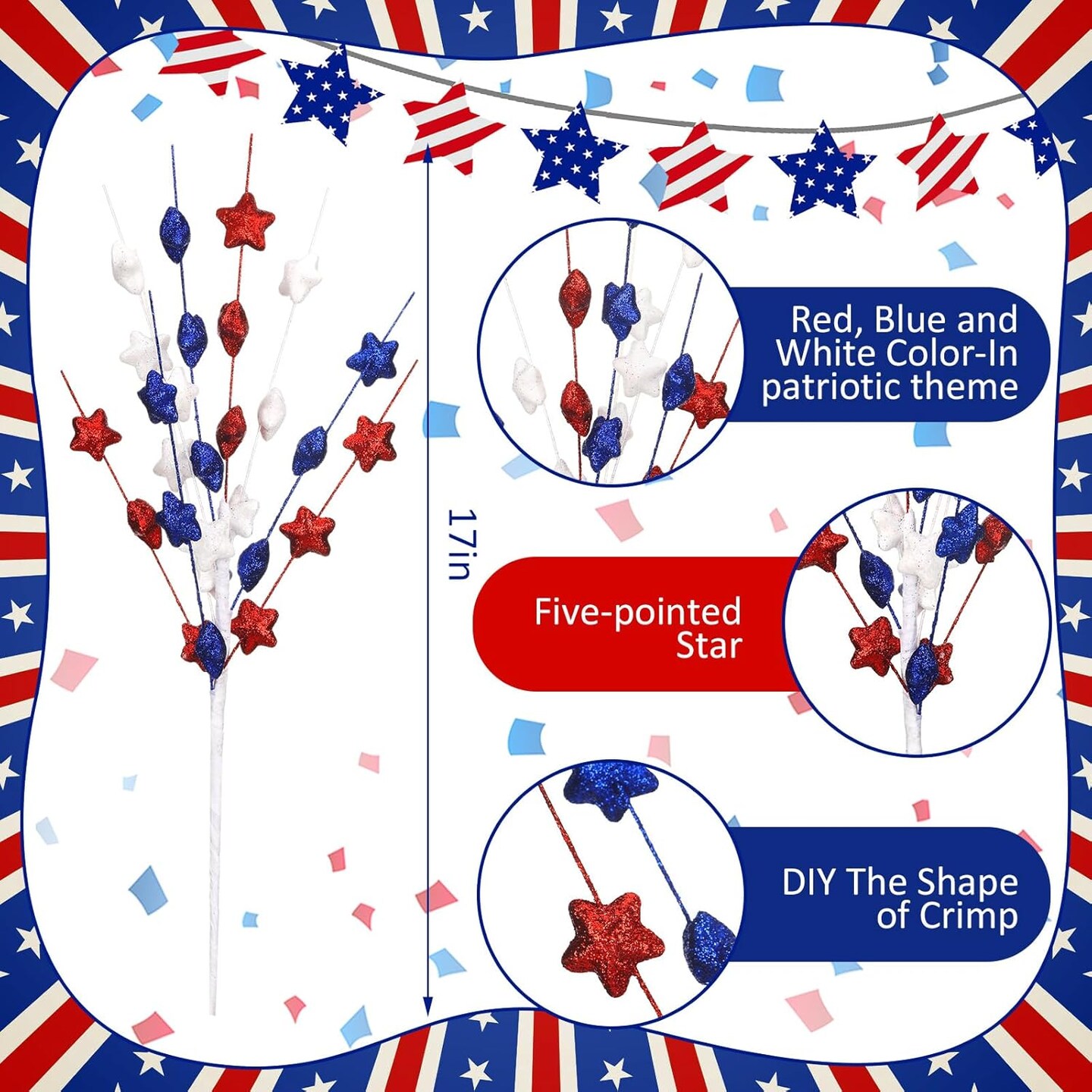 6 Pack Patriotic Artificial Stem Picks 4th of July Artificial Flowers Red White and Blue Picks Patriotic Pentagram Faux Branches Independence Day Memorial Day Table Centerpieces Decor
