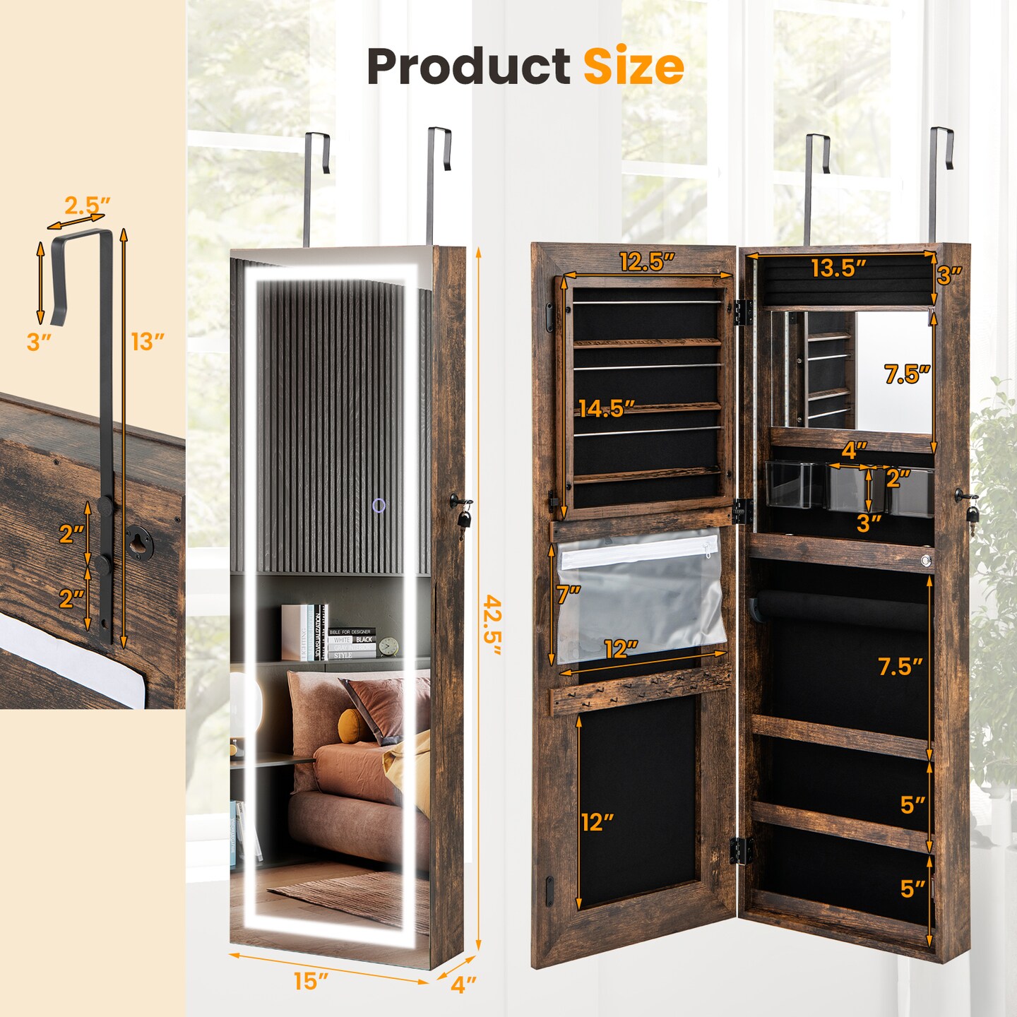 Lockable Jewelry Mirror Cabinet with LED Lights and Wall Door Mount