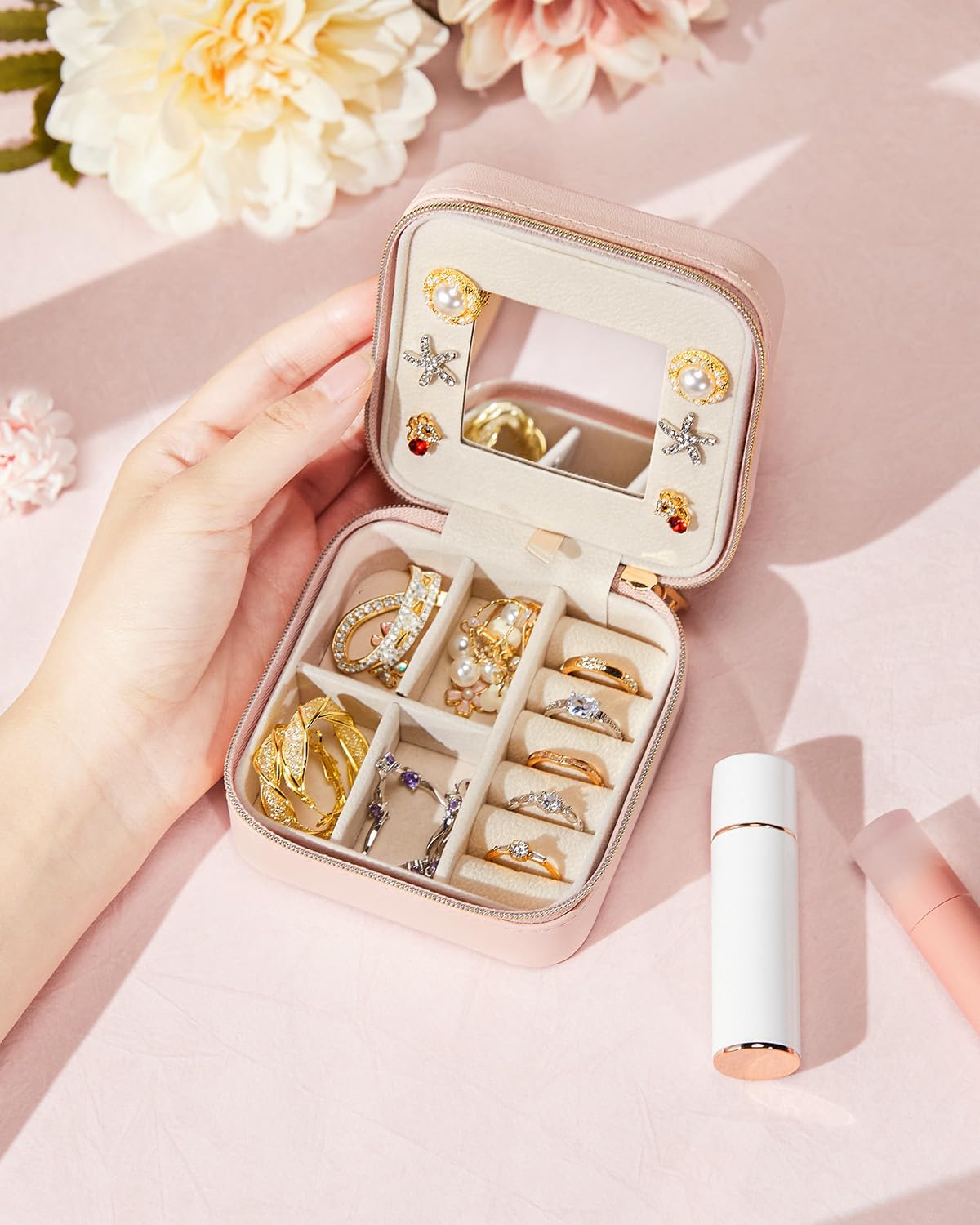 Travel Jewelry Storage Box for Girls: Traveling Jewelry Case Gift for Women - Mini Organizer for Necklaces Earrings Pink H