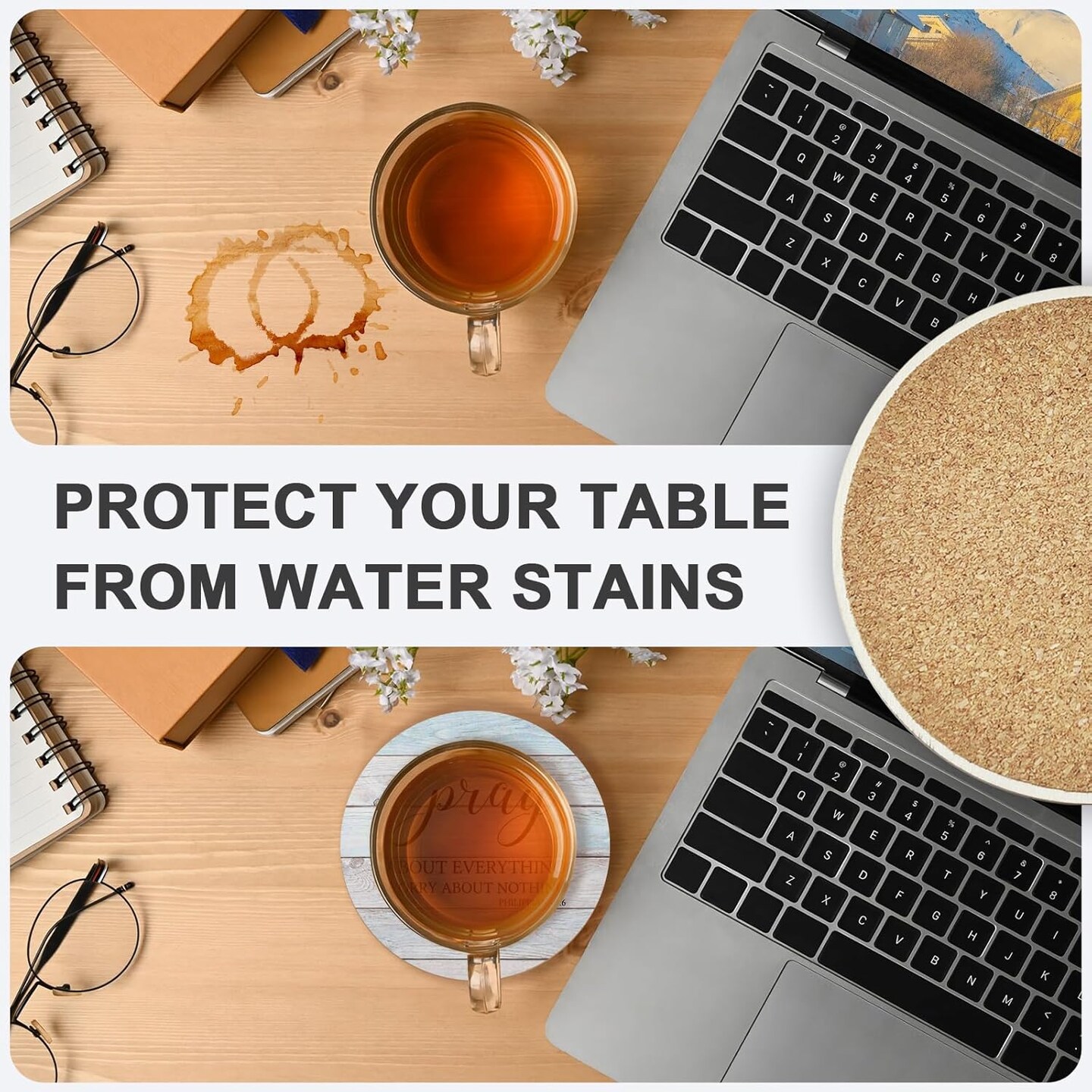 Bible Verses Coasters With Holder Set of 6 - Christian Gifts for Women, Cork Drink Coasters for Coffee Table Home Decor