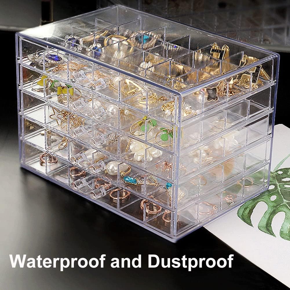 Earring Storage Box Acrylic Jewelry Storage Holder Ring Clear Plastic Transparent Jewelry Display Stand with 5 Drawers 120 Small Compartment Tray for Women Girls