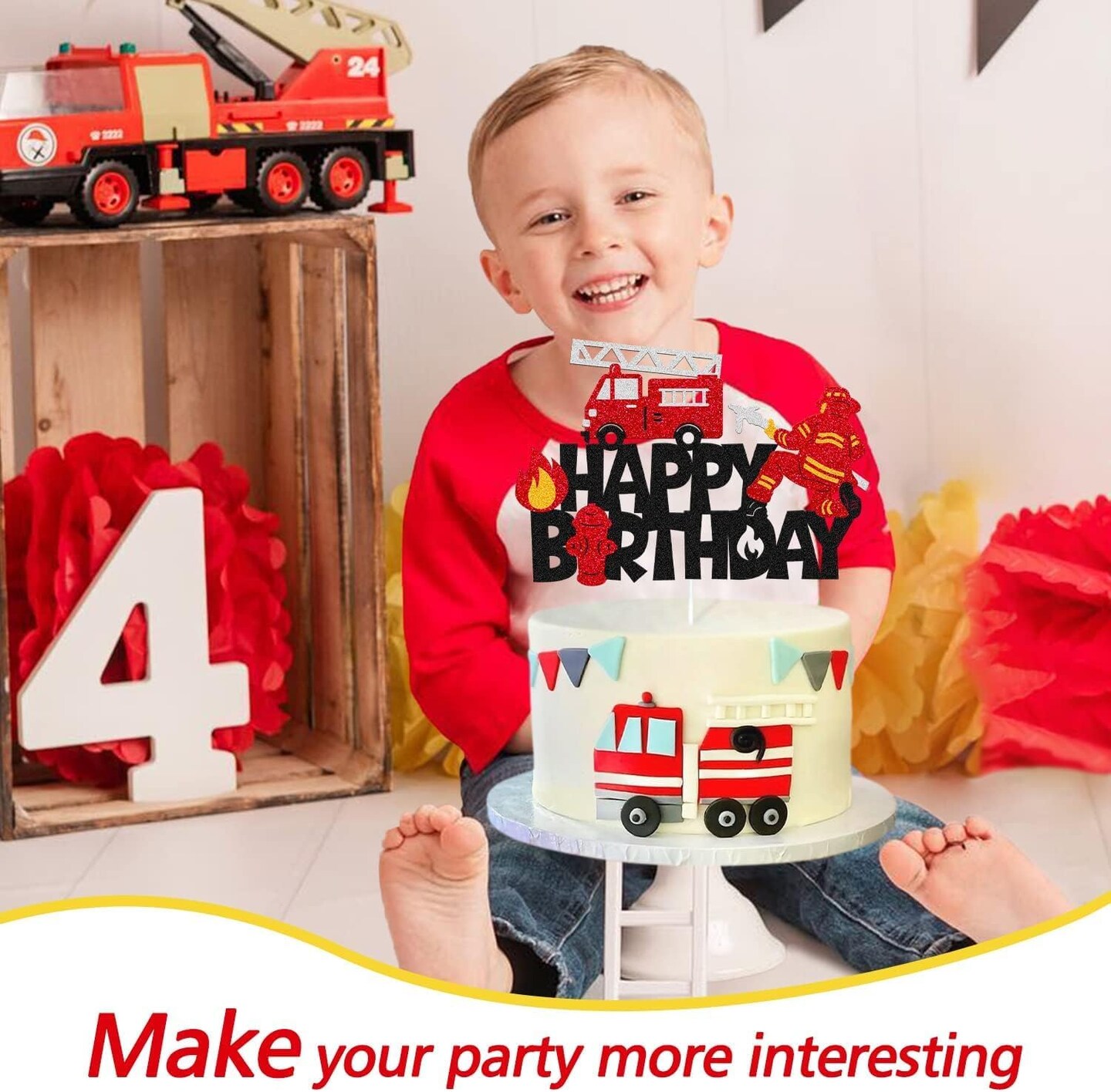 Premium Firefighter Birthday Cake Topper - Vibrant Fireman-Themed Glitter Cardstock Party Decoration, Perfect Centerpiece