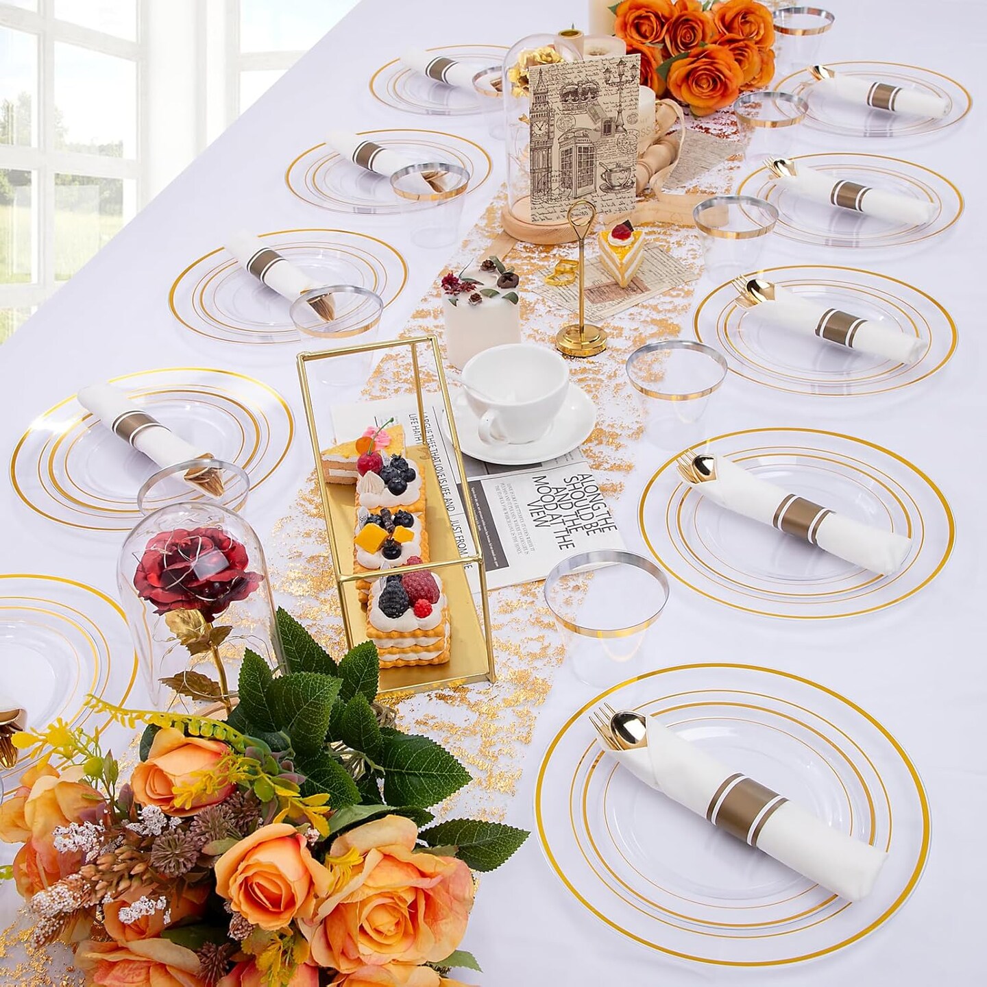 210PCS Clear-Gold Plastic Plates - Dinnerware Sets for 30 Guests - 60 Disposable Plates, 90 Plastic Silverware, 30 Cups, 30 Napkins for Party