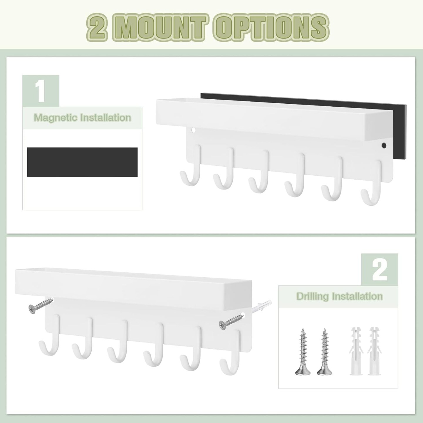Magnetic Key Holder Wall Mount, Compact Metal Key Rack with Tray, 6 Hooks, 2 Mount Options, White