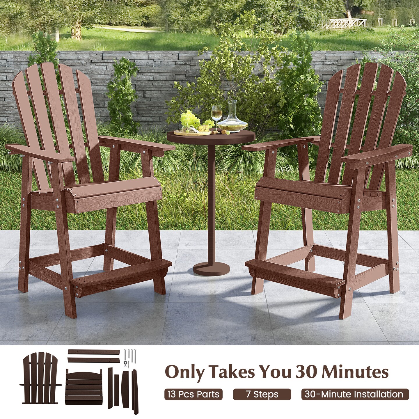 HDPE Patio Chair with Armrest and Footrest for Indoor Outdoor-Coffee