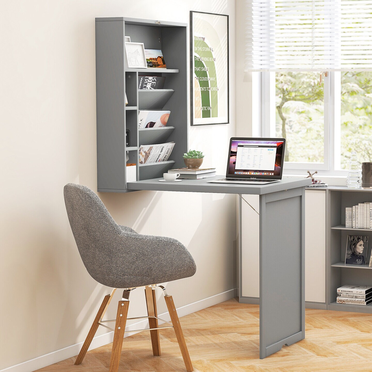 Wall Mounted Fold-Out Desk Space Saver Floating Desk with Adjustable Shelves