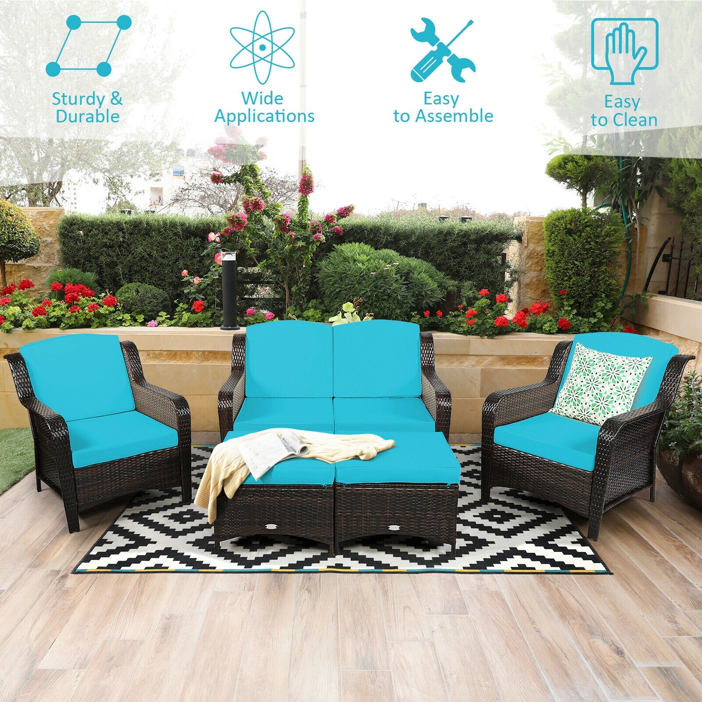 5-Piece Turquoise Rattan Patio Furniture Set with Loveseat, 2 Single Sofas & 2 Ottomans