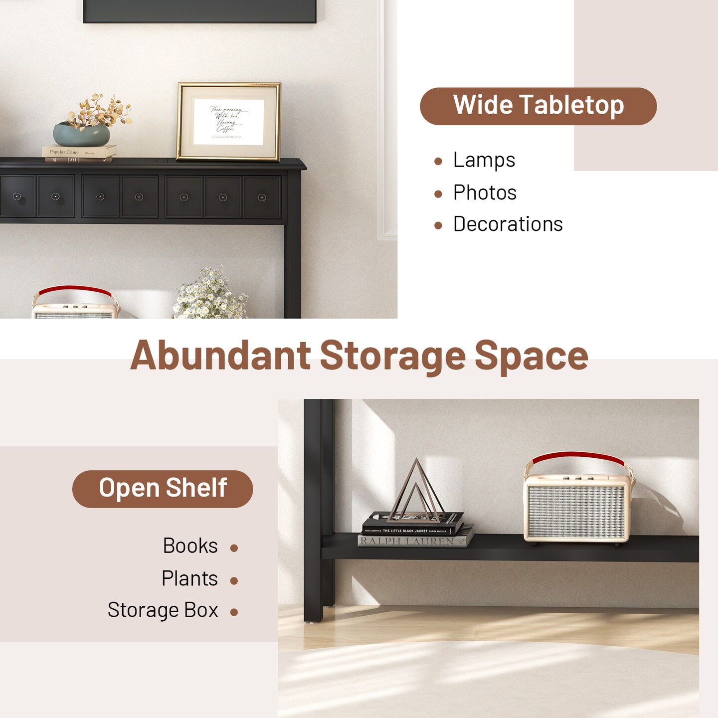 Long Sofa Table with 4 Storage Drawers and Bottom Shelf for Hallway