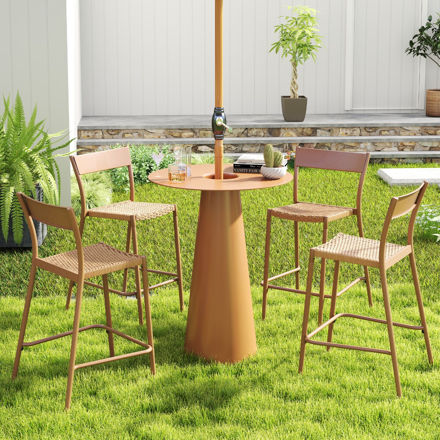 Set of 4 Light Brown Rattan Bar Stools 29" Outdoor High Chairs with Backrest Metal Frame Footrest Support