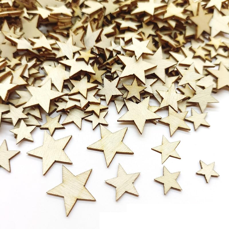 1000 Pcs Unfinished Wooden Stars – Mixed Sizes 6–15 mm, Blank Wood Cutouts for DIY Crafts, Embellishments & Home Décor